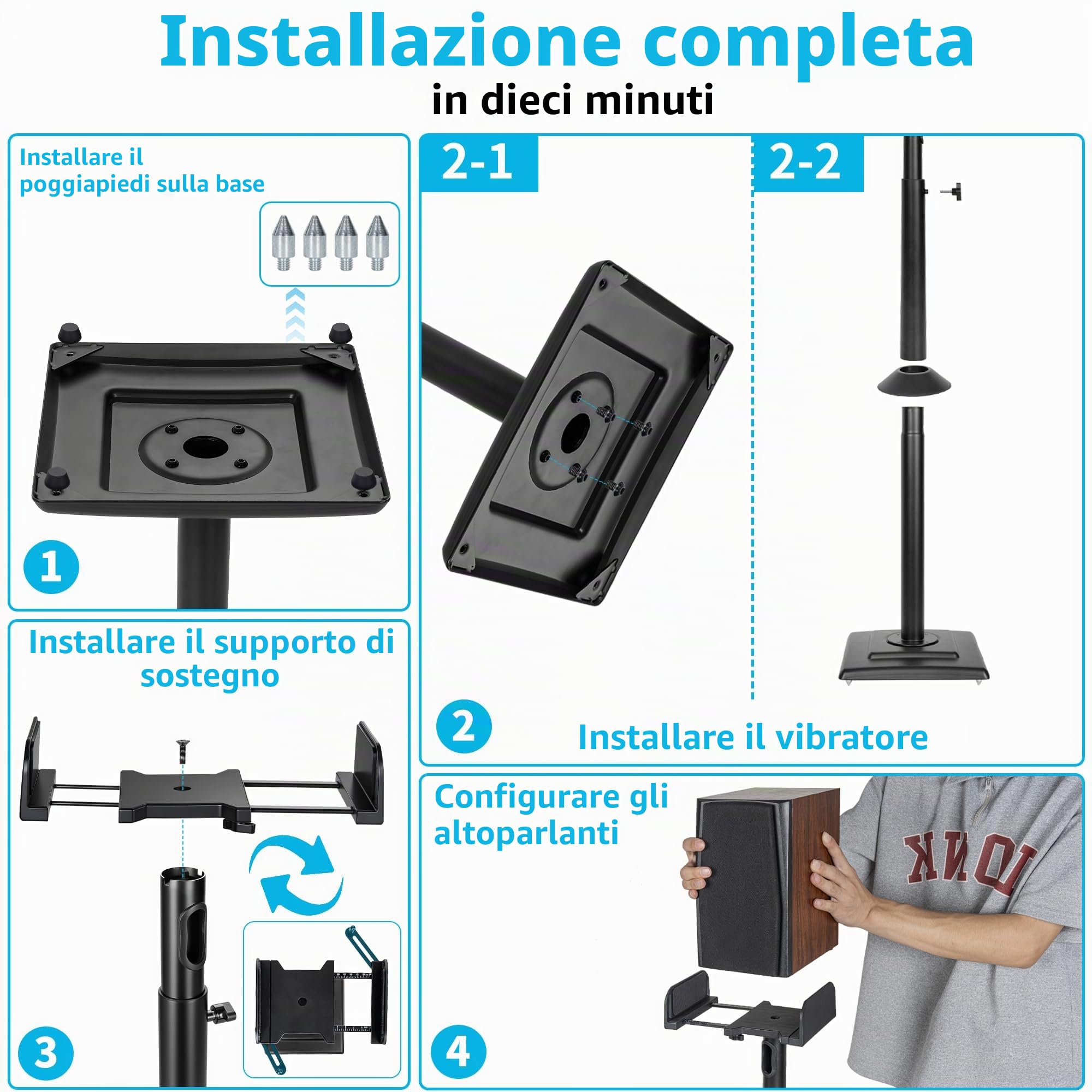 OUUTMEE Supporto per altoparlante regolabile in altezza, 1 paio di supporti da pavimento con ripiano regolabile per satelliti e altoparlanti da scaffale, per altoparlanti da scaffale fino a 5 kg con
