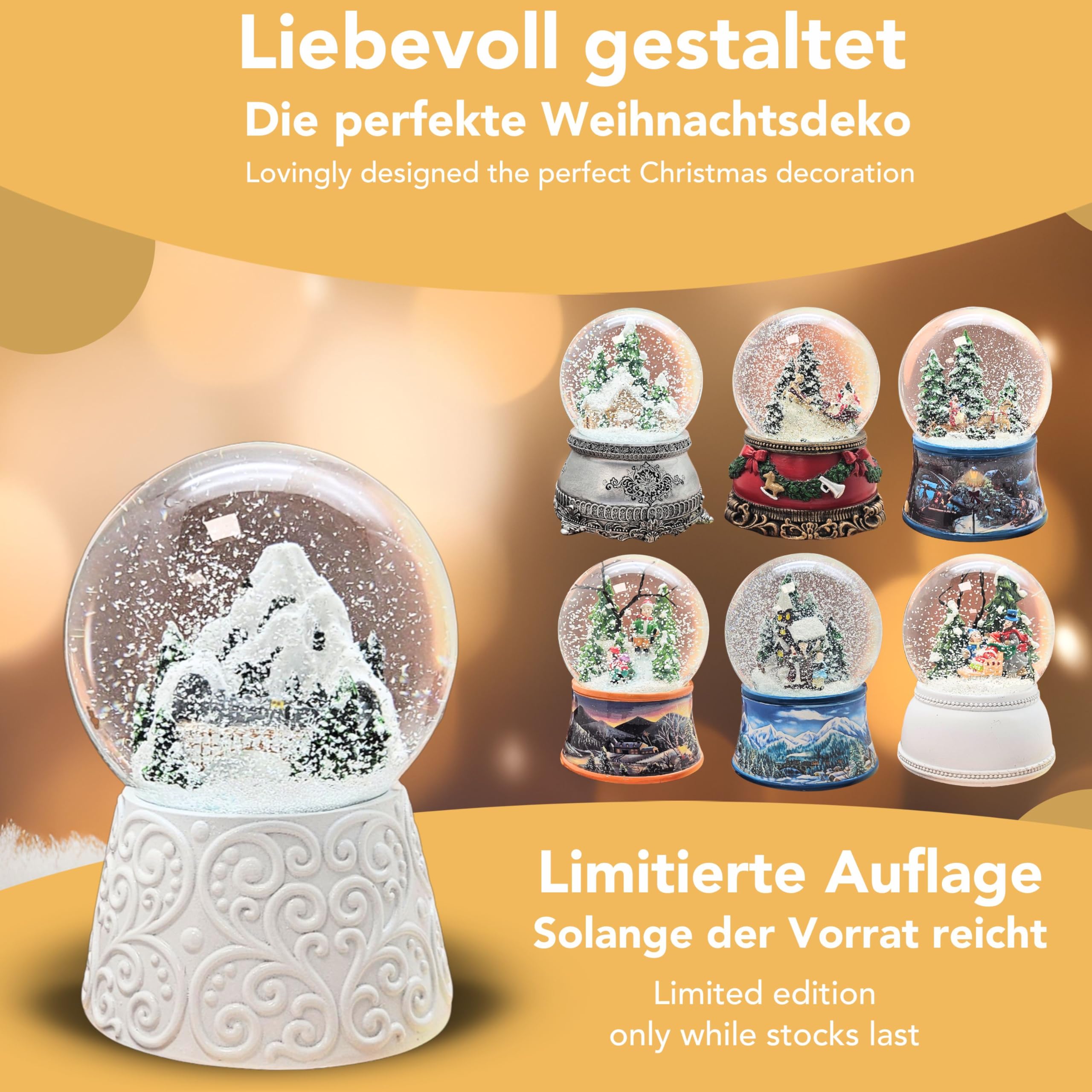 Schneekugel Weihnachten Spieluhr | Verschneite Berge mit Brücke | Sockel weiß mit Ornamenten | Höhe: 14cm Breite 10 cm | Weihnachtsdekoration| 20292