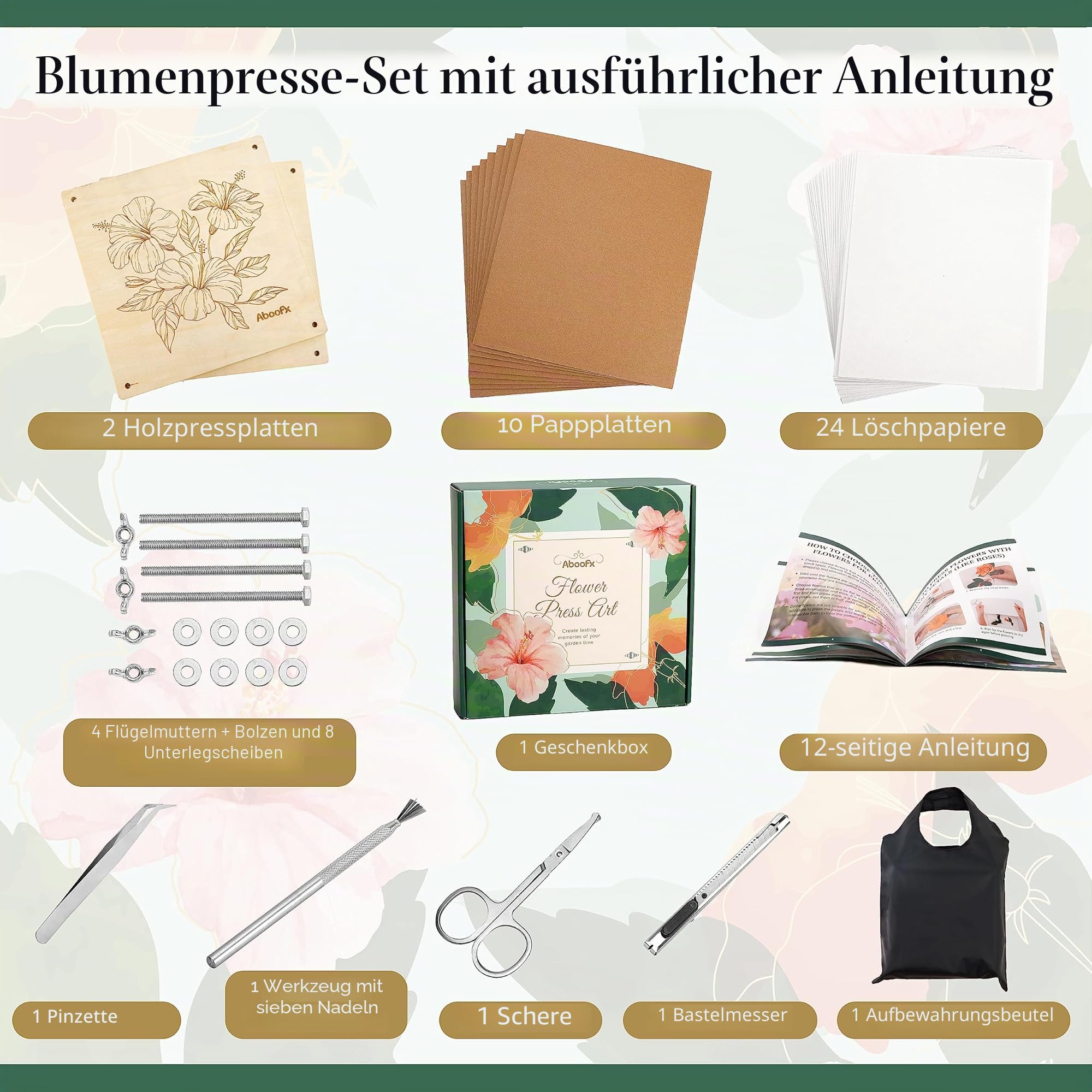 Aboofx Blumenpresse Groß aus Holz, 28x28 cm 10 Lagen – Pflanzenpresse Set mit Tasche, DIY Pressblumen Kit für Blumen Floristik Herbarium & Basteln, Blattpresse&Blumenpresse für Erwachsene&Floristen