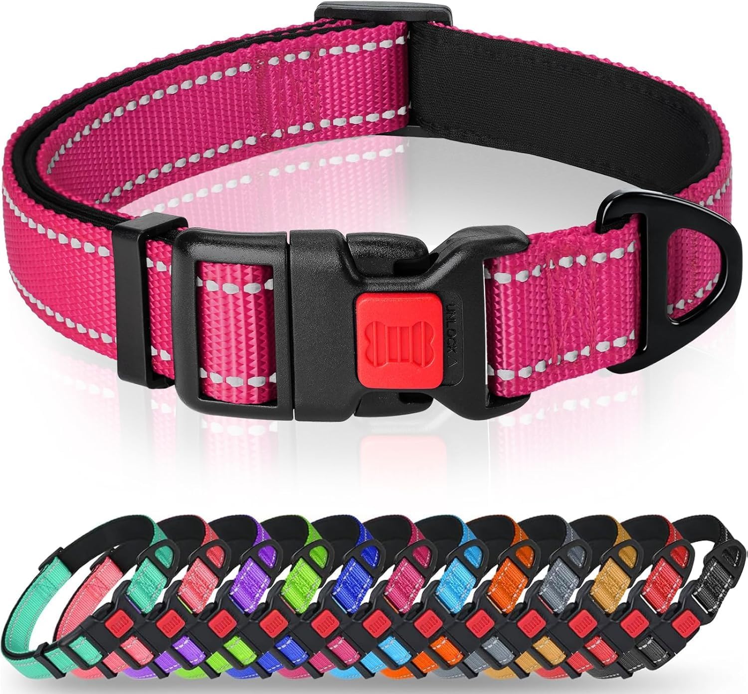 Reflective Nylon Dog Collar with Safety Buckle, Adjustable Pet Collars with Soft Neoprene Padding for Large Dogs, Hot Pink