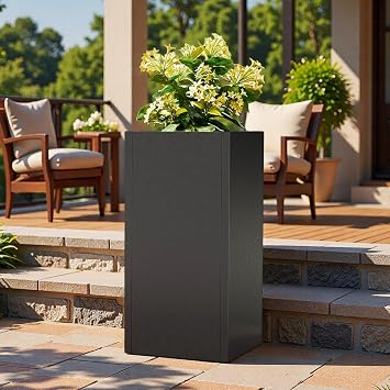 Tall Metal Planters Box for Outdoor Plants - 23.6" Modern Steel Tall Square Planter with Removable Insert Shelf, Heavy Duty Pedestal Planter Front Porch Decor Patio Garden Office, Black