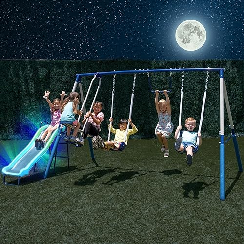 Sportspower Arcadia Star Burst - Juego de columpio para exteriores de metal resistente para niños de 3 a 8 años con luz LED, columpios y trapecio