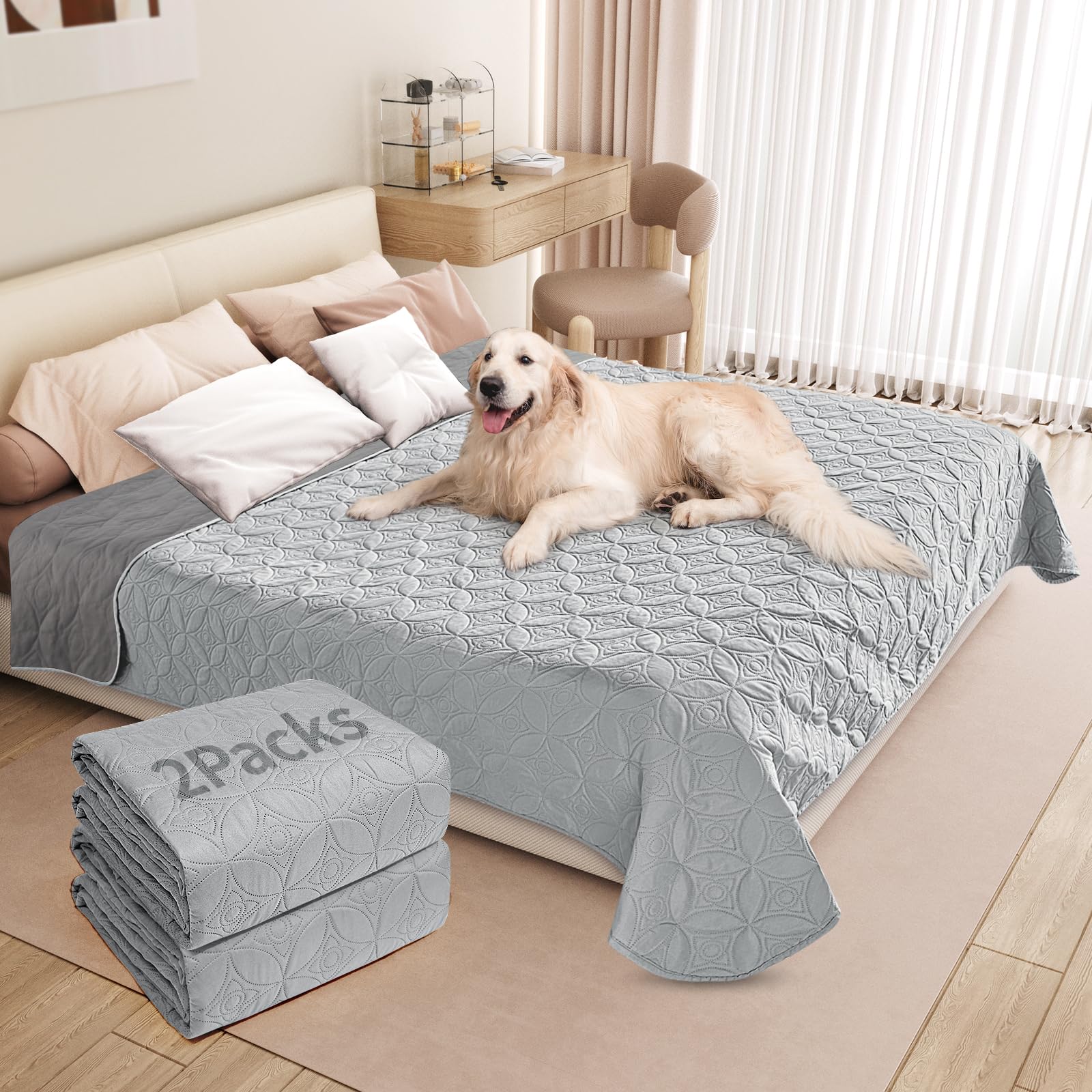 PICK FOR LIFE Waterproof Dog Blanket For Bed, 2 Pack 208×208cm Dog Blankets Washable Soft Reversible Puppy Blankets Anti Scratches Dirty for Bed Sofa Furniture