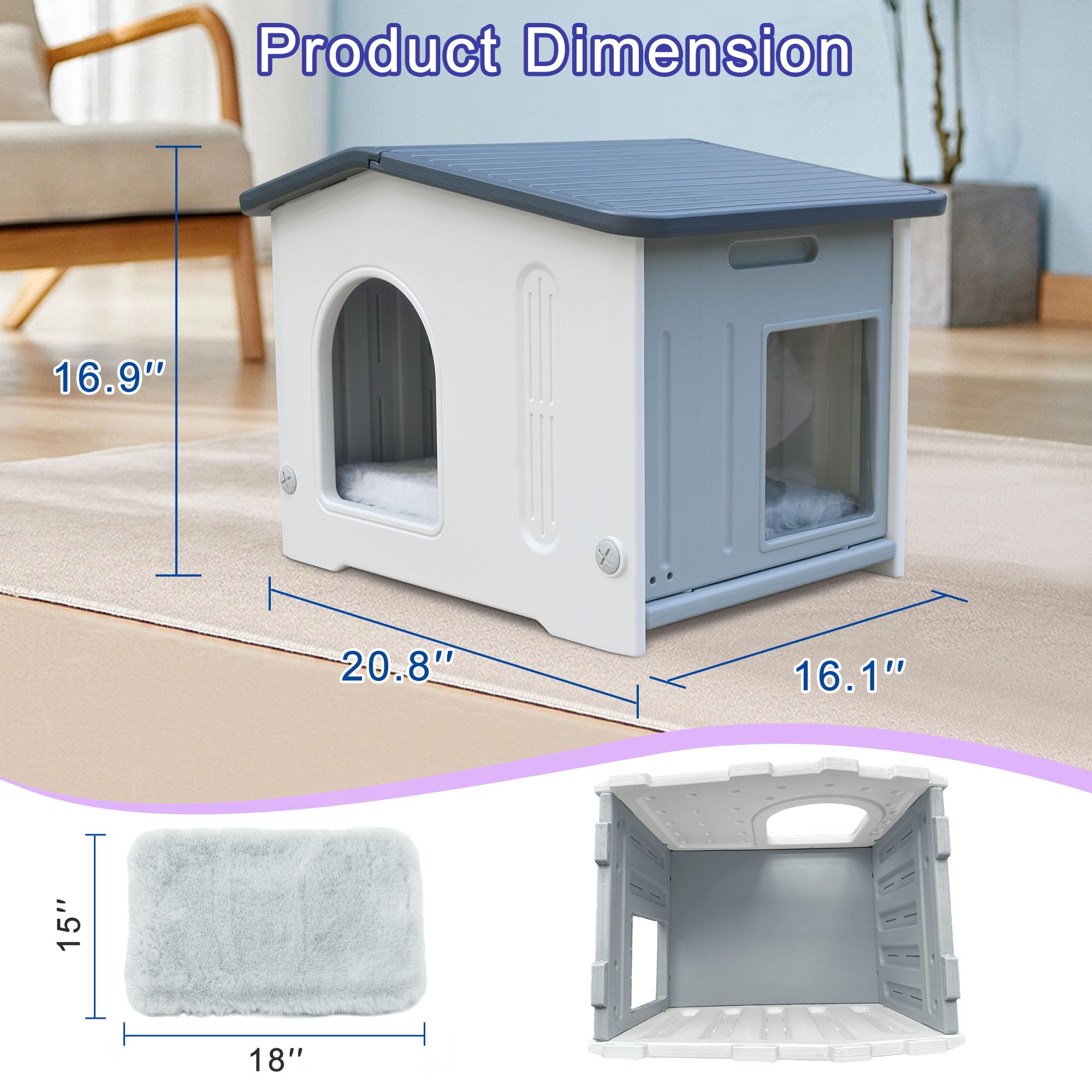 Cat House for Outdoor Indoor Use, Feral Cat House with Escape Door and Soft Mat, Cat Houses for Outdoor Cats Outside Cat Shelter for Small Pet, Assemble Easily - Grey