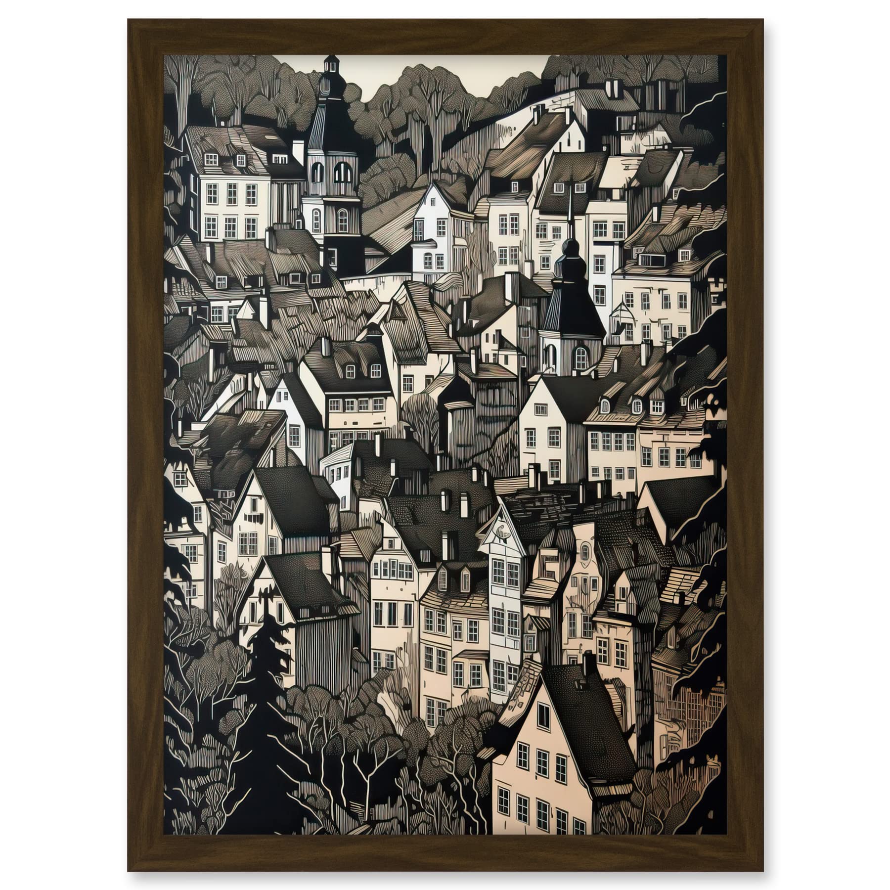Artery8 Black Forest City Baden Monochrome Cityscape Artwork Framed A3 Wall Art Print