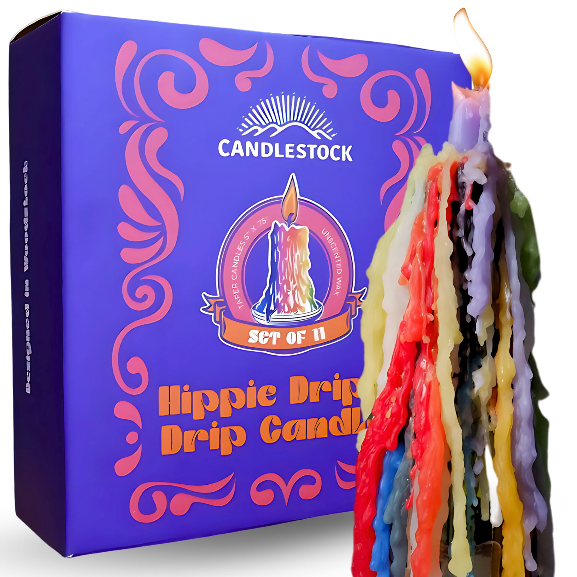 Candlestock Hipisowskie świece kapiące - 11 kapiących świec stożkowych - świece do topienia butelek wina (Hippie Rainbow)