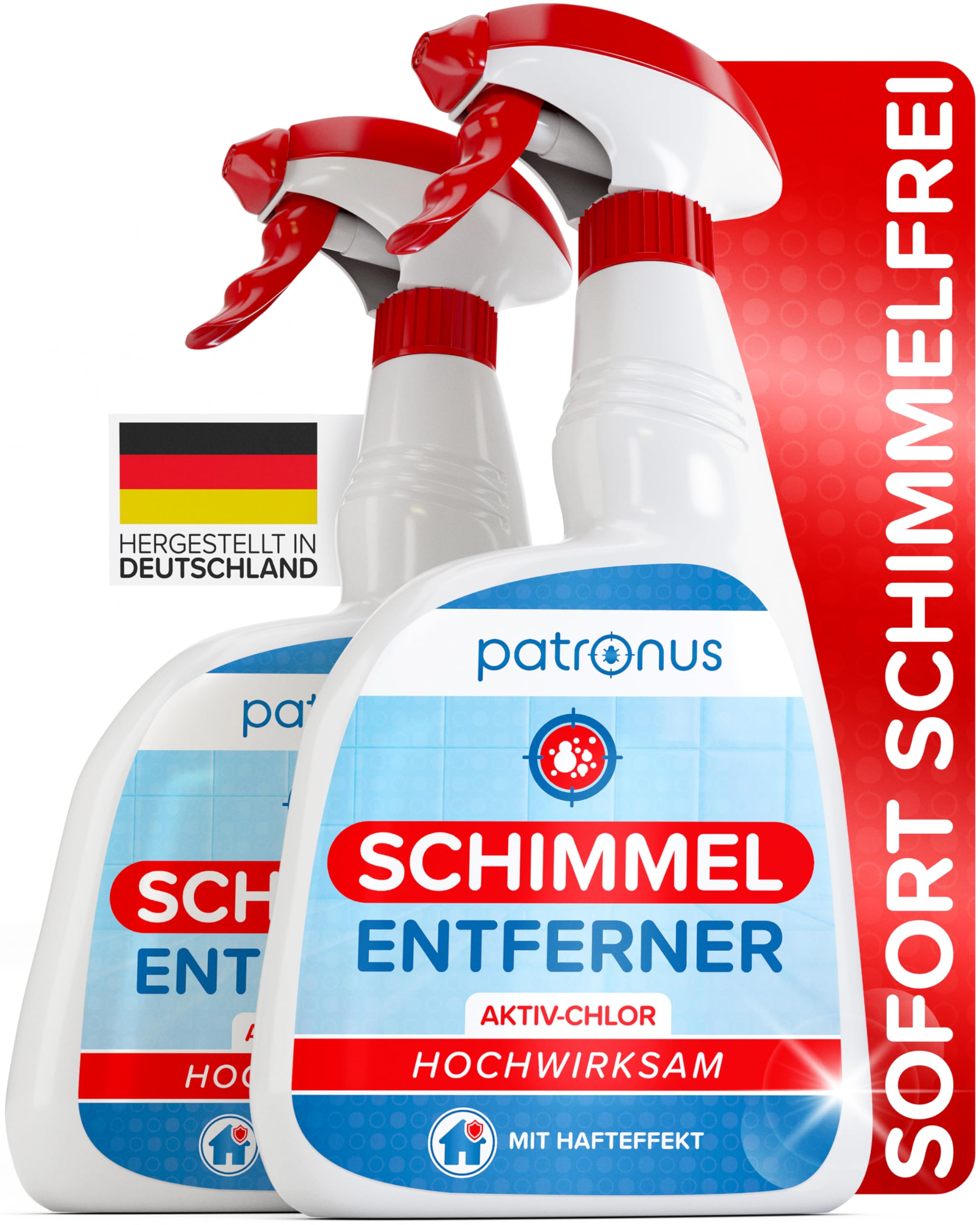 Patronus Profi Schimmelentferner mit Hafteffekt & Sofortwirkung [2x 500 ml] für Wand, Bad, Fliesen & mehr - Effektives Anti Schimmel Spray mit Aktivchlor zum Schimmel entfernen & als Fugen-Reiniger