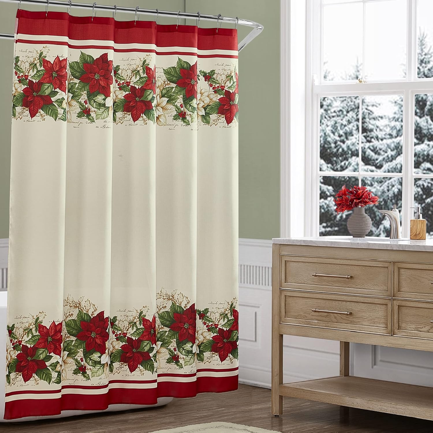 Elrene Home Fashions Christmas Red and White Poinsettias Fabric Bathroom Shower Curtain, 70 Inches x 72 Inches