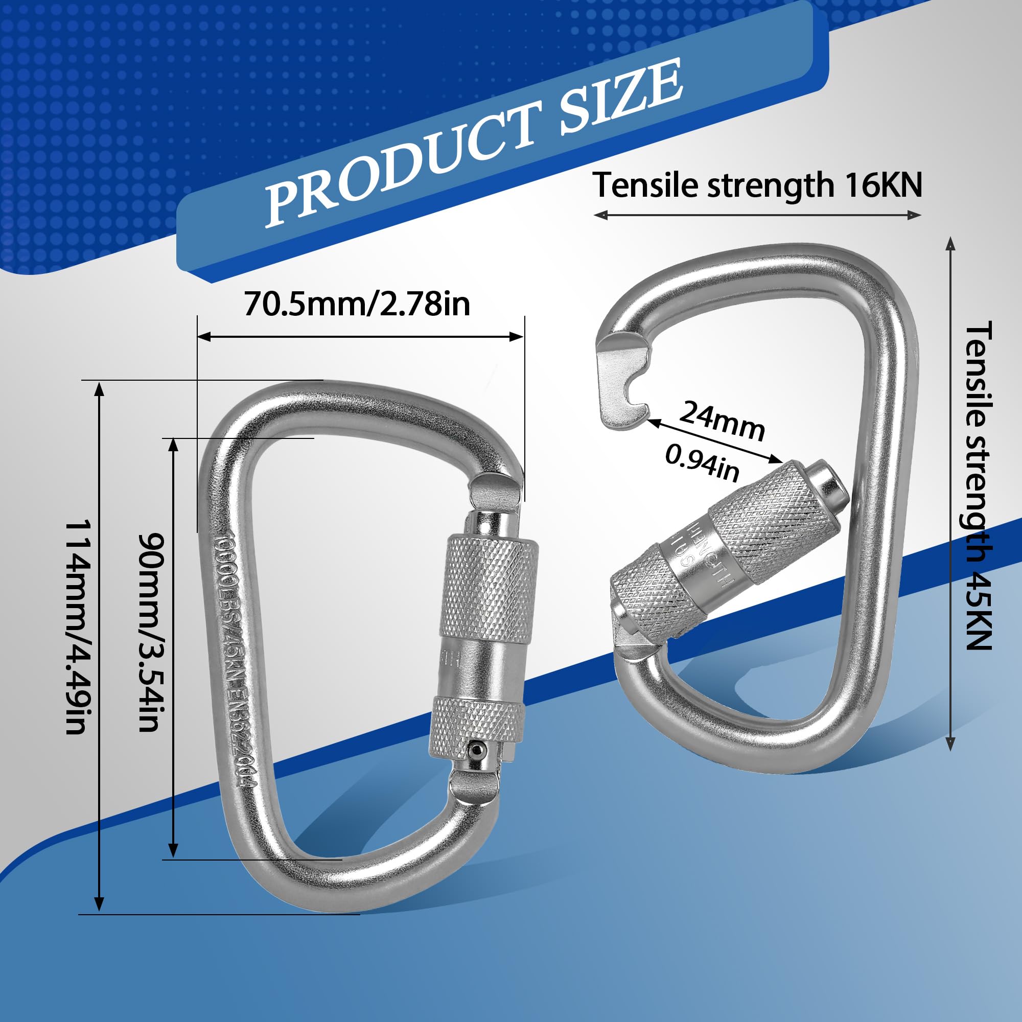 Mosquetón de bloqueo automático 45KN = 4,535.9 kg Twist Lock Steel Heavy Duty Large Mosquetón Clip para escalada en roca, camping, gimnasio, rescate y montañismo