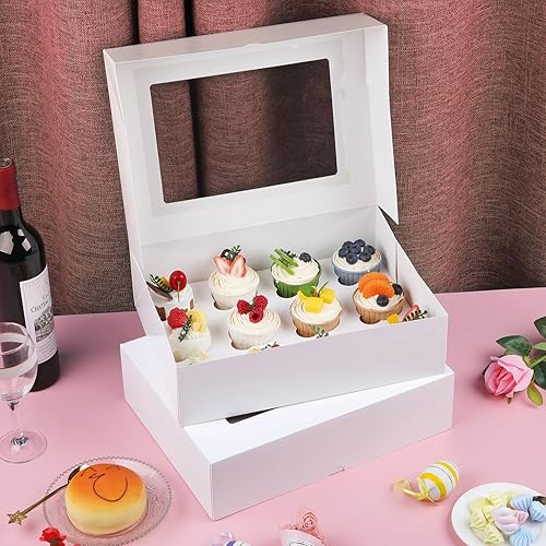 Miniatura 7 de Cajas para Cupcakes, Paquete de 2 Contenedores Desechables para Cupcakes, Portador de Cupcakes Grado Alimentario 12 Unidades con Ventana e Insertos
