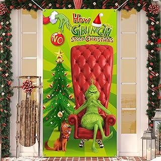 Christmas Door Cover Decorations ,Grinch Christmas Decorations The Grinch Door Cover Green Backdrop Funny Xmas Hanging Banners Merry Christmas Porch Sign for Indoor Outside Front Door Party Supplies