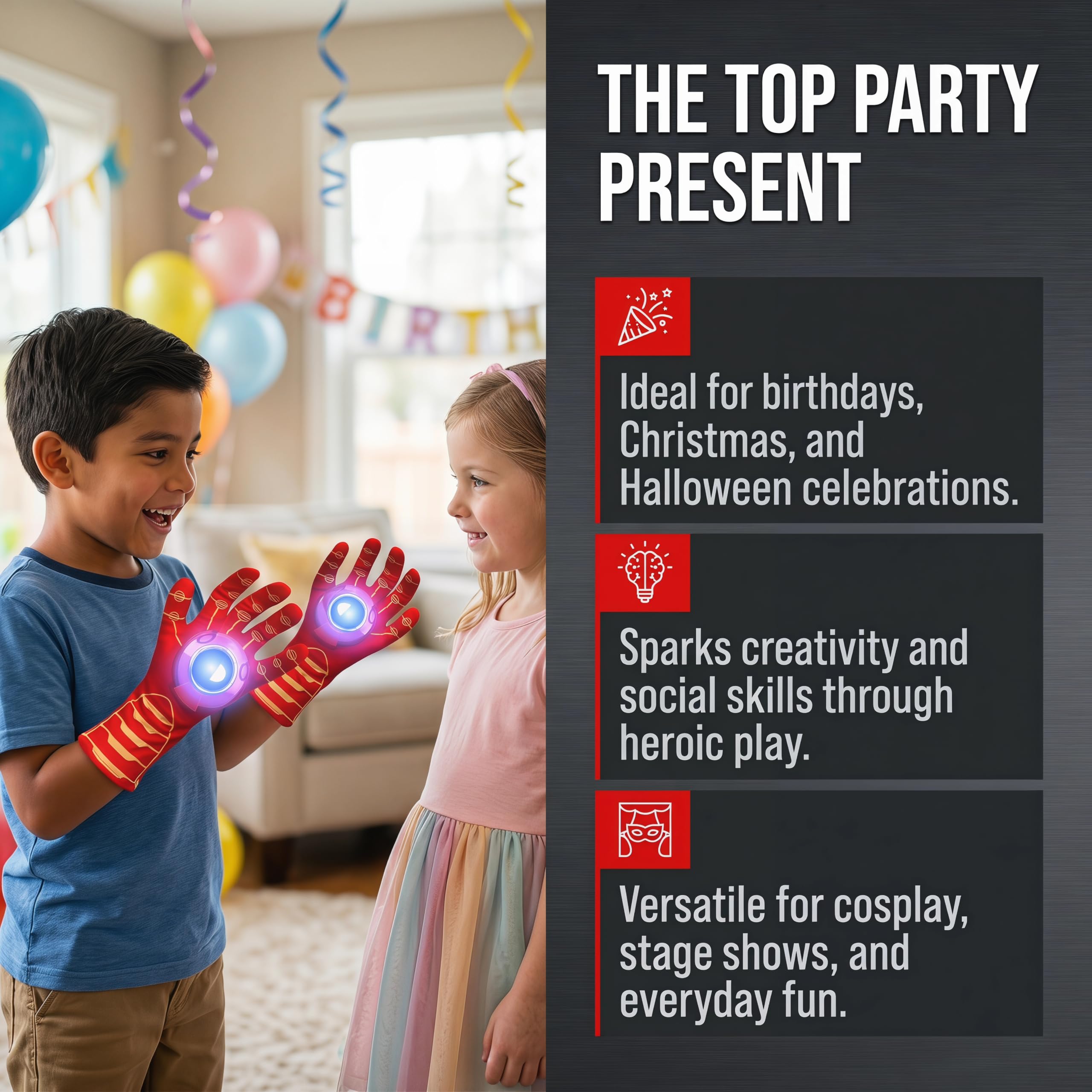 Guanti magici luminosi per bambini, con luci a LED e suono per giochi di ruolo, guanti per costume per Halloween, Natale, festa di compleanno, regalo per ragazzi e ragazze dai 3 ai 12 anni