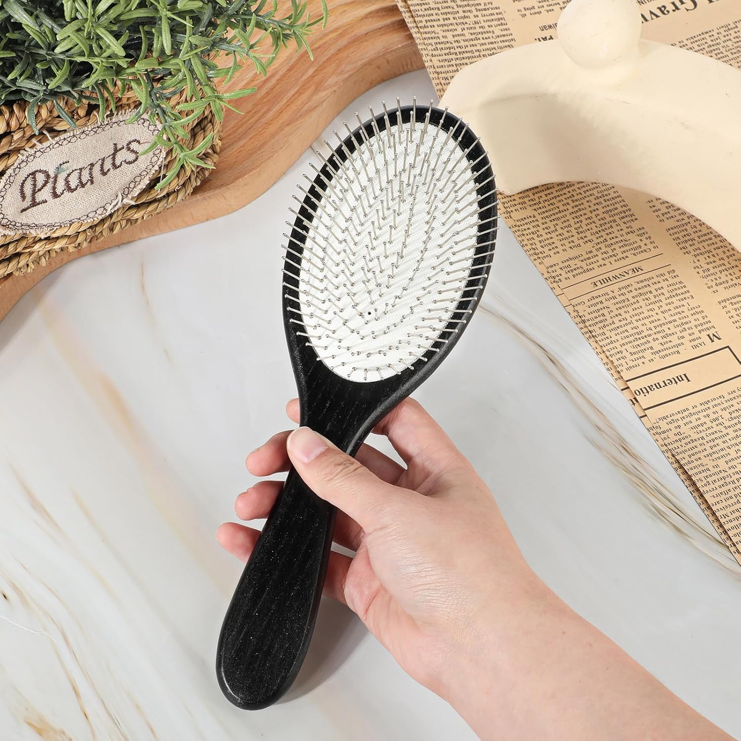 Paddle Hair Brush, Portable Travel Wig Brush with Metal Bristle and Wood Handle, Anti-static Air Cushion Detangler Hairbrush for Women and Men Hair Growth and Scalp Massaging - Black - Image 2