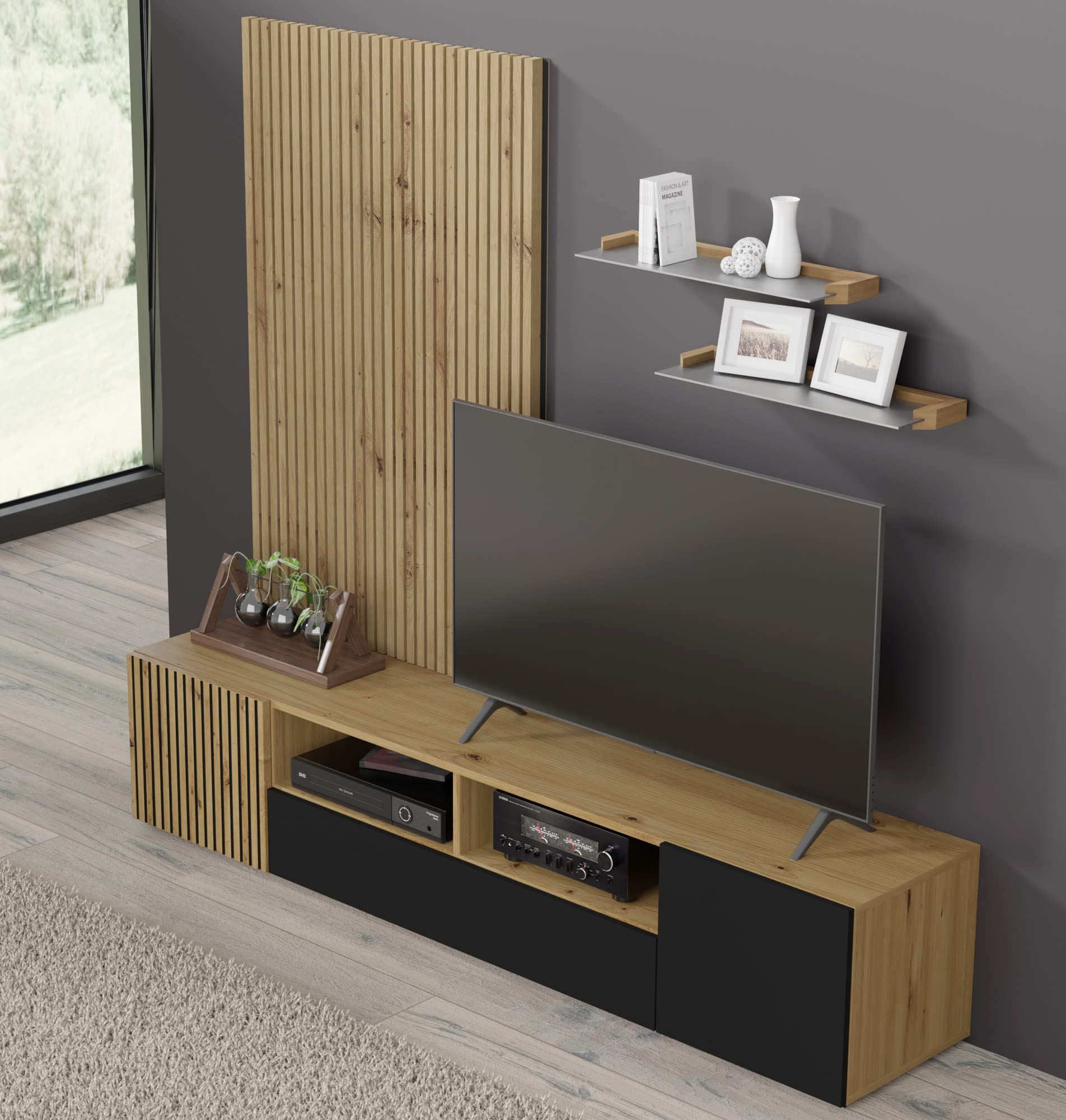 BIM Furniture TV Lowboard AURIS – 200x42x42 cm Stehend Wohnzimmermöbel, Grifflose Fronten, Fernsehtisch mit viel Stauraum, modernes TV Schrank – Eiche Artisan/Schwarz Matt