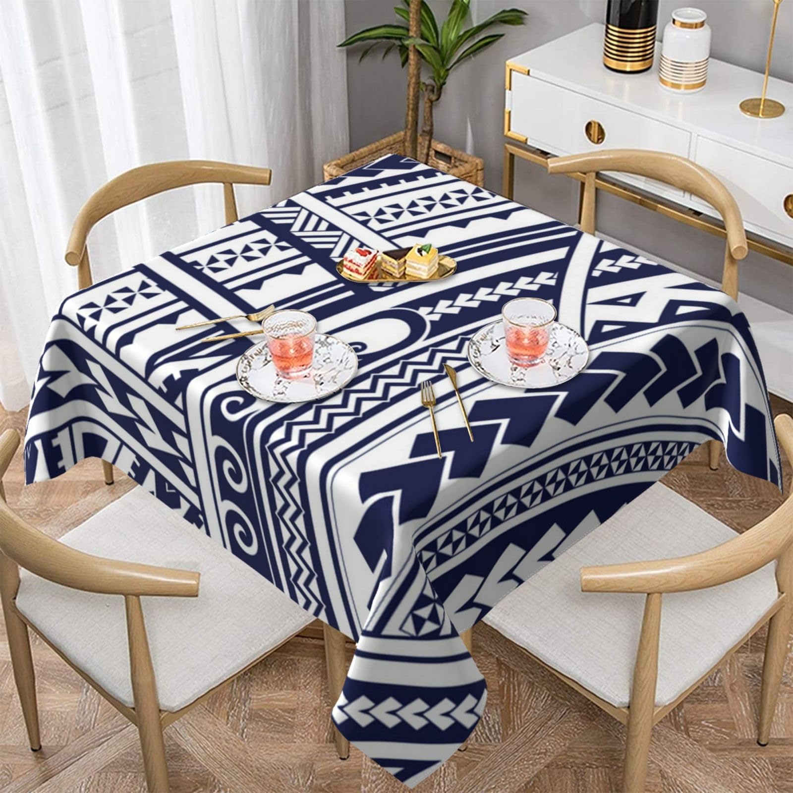DCEHGEW Blue Polynesian Maori Tribal Pattern Prints Square Tablecloth 137x137 CM, Waterproof Fabric Table Cloth for Dining Table, Farmhouse Table Cover for Kitchen Dining Tabletop Decoration