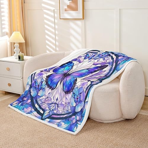 Miniatura 3 de Manta de franela de forro polar con diseño de mariposas, diseño botánico floral, 60 x 80 pulgadas, diseño rústico de mariposas vintage para