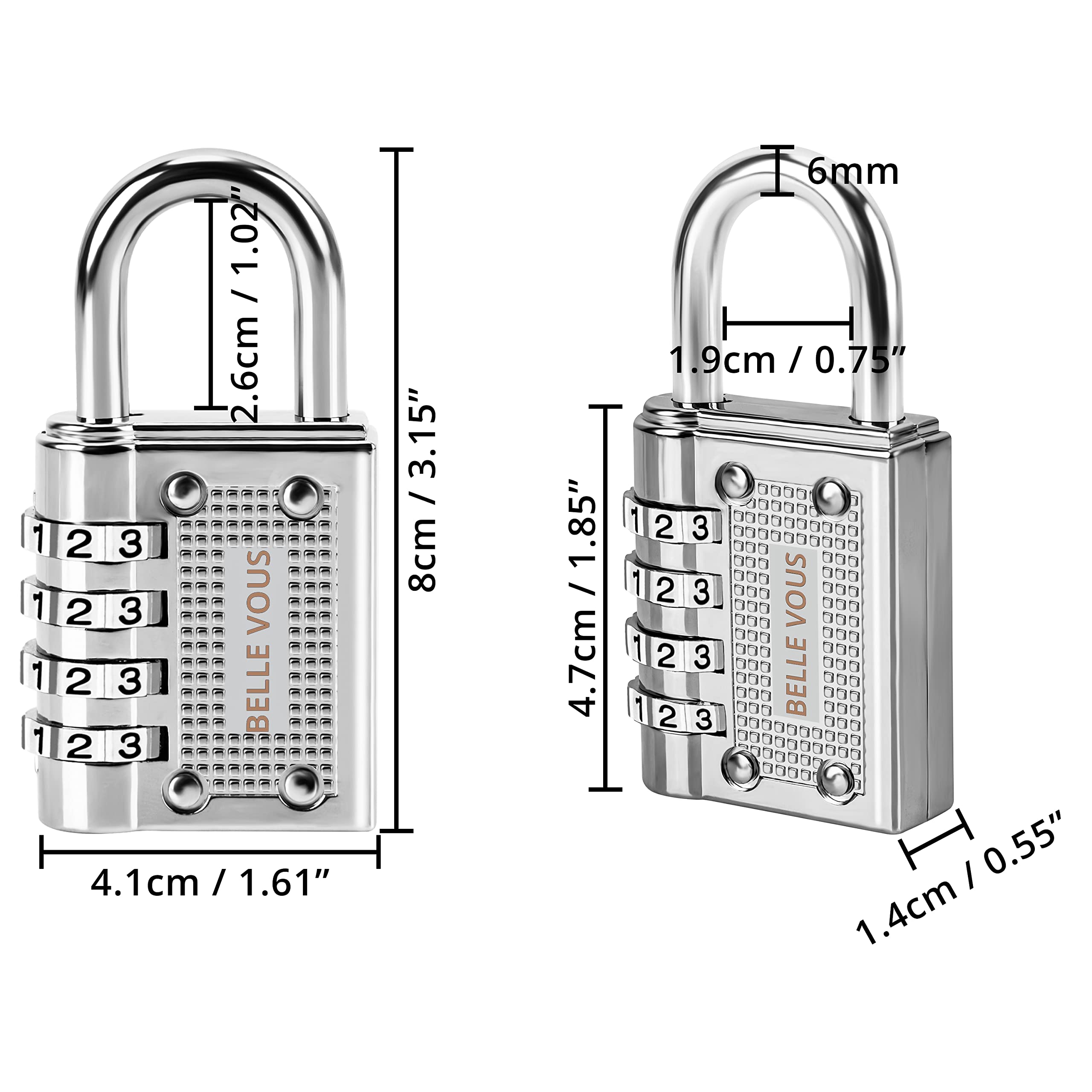 Belle Vous (Lot de 4) Cadenas Code 4 Chiffres Argent - 4,1 x Belle Vous (Lot de 4) Cadenas Code 4 Chiffres Argent - 4,1 x