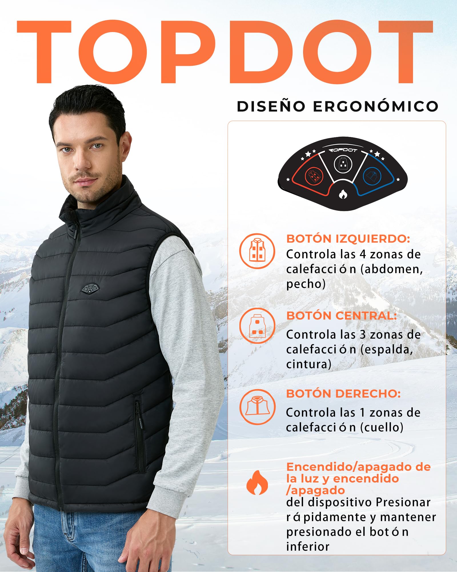 Topdot Chaleco Calefactable Hombre, Chaleco Calefacción Eléctrica con Batería de 7.4V 16000mAh Incluidas, 8 Zonas de Calentamiento, Chalecos de Invierno Cálidos para Exteriores, Senderismo, Acampada