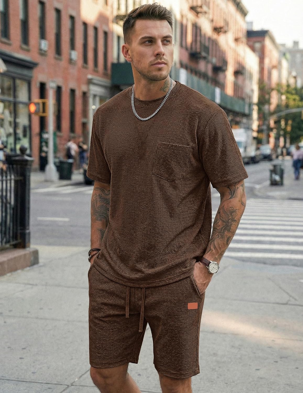 Men's Waffle Short Sets 2 Piece Outfits Cotton T-Shirts and Shorts Set Summer Vacation Beach Casual