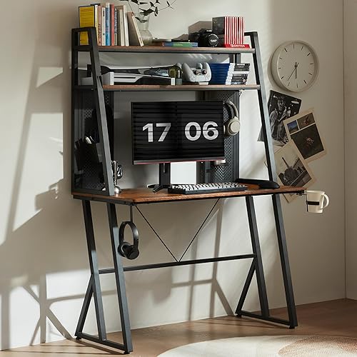 Dowinx Tall Gaming Desk with Shelves, Pegboard and LED Lights, 40 Inch Computer Desk with Storage and Hutch for Game Home Office, Double Z-Leg Sturdy Metal Frame, Brown