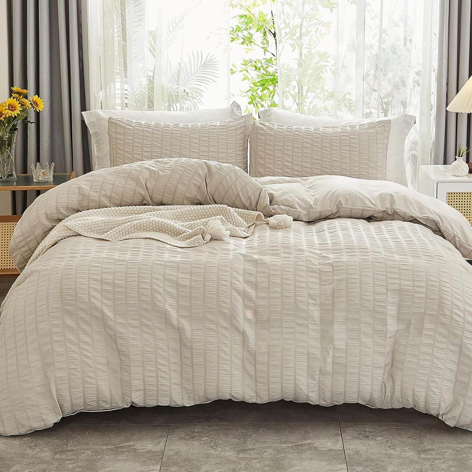 Housse de Couette Fermeture Éclair Beige Parure Lit Microfibre Anti-Plis