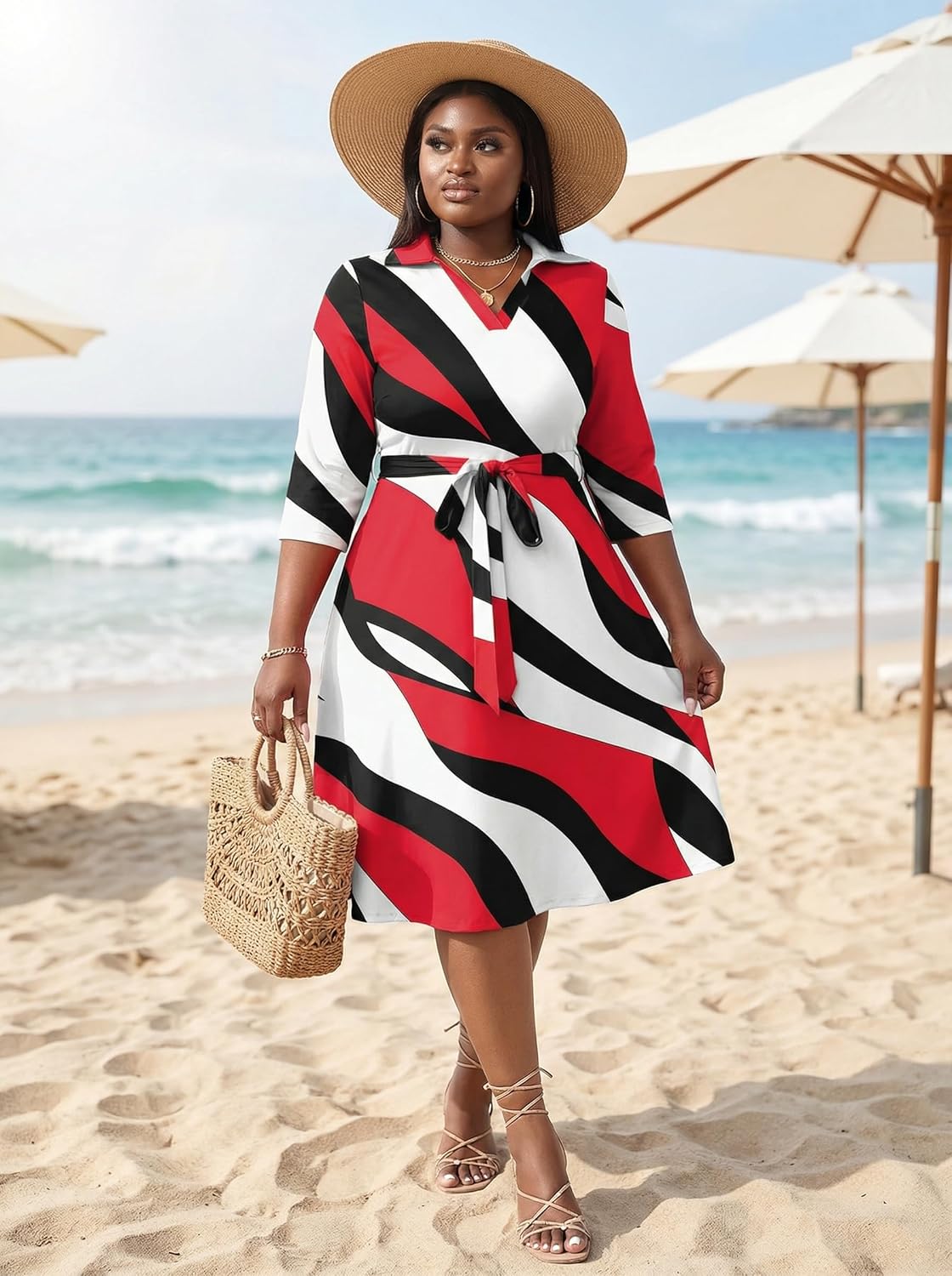 FANDEE Plus Size Midi Dress for Women - Printing Summer Dresses for Wedding Guest Cocktail Party 3/4 Sleeve V Neck(L-5XL) - Image 7