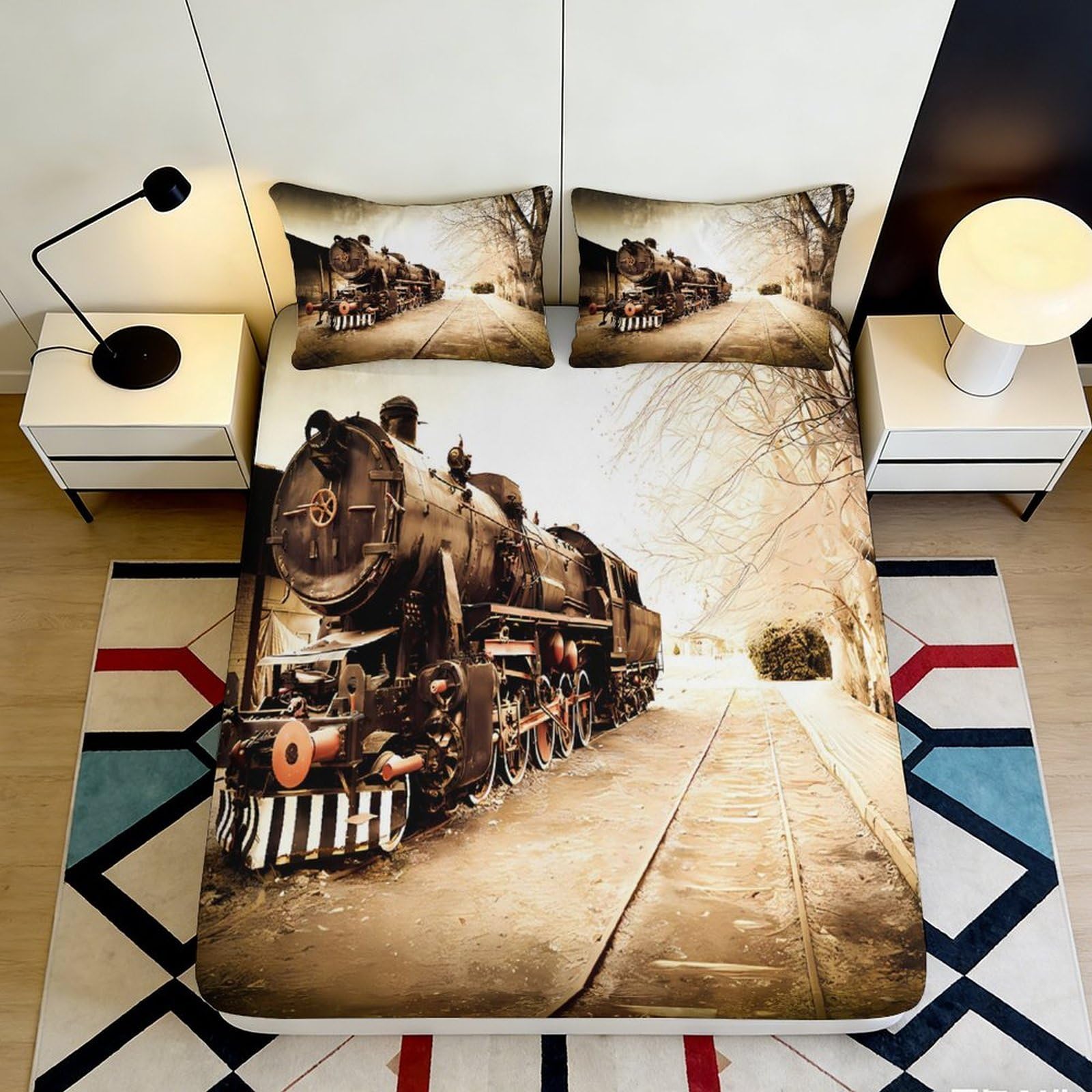 3D Printed Steam Train Railway Fitted Sheet Microfiber Vintage Locomotive Bed Cover Anti-Slip Machine Washable for Bedroom Guest Room 140x200x25cm