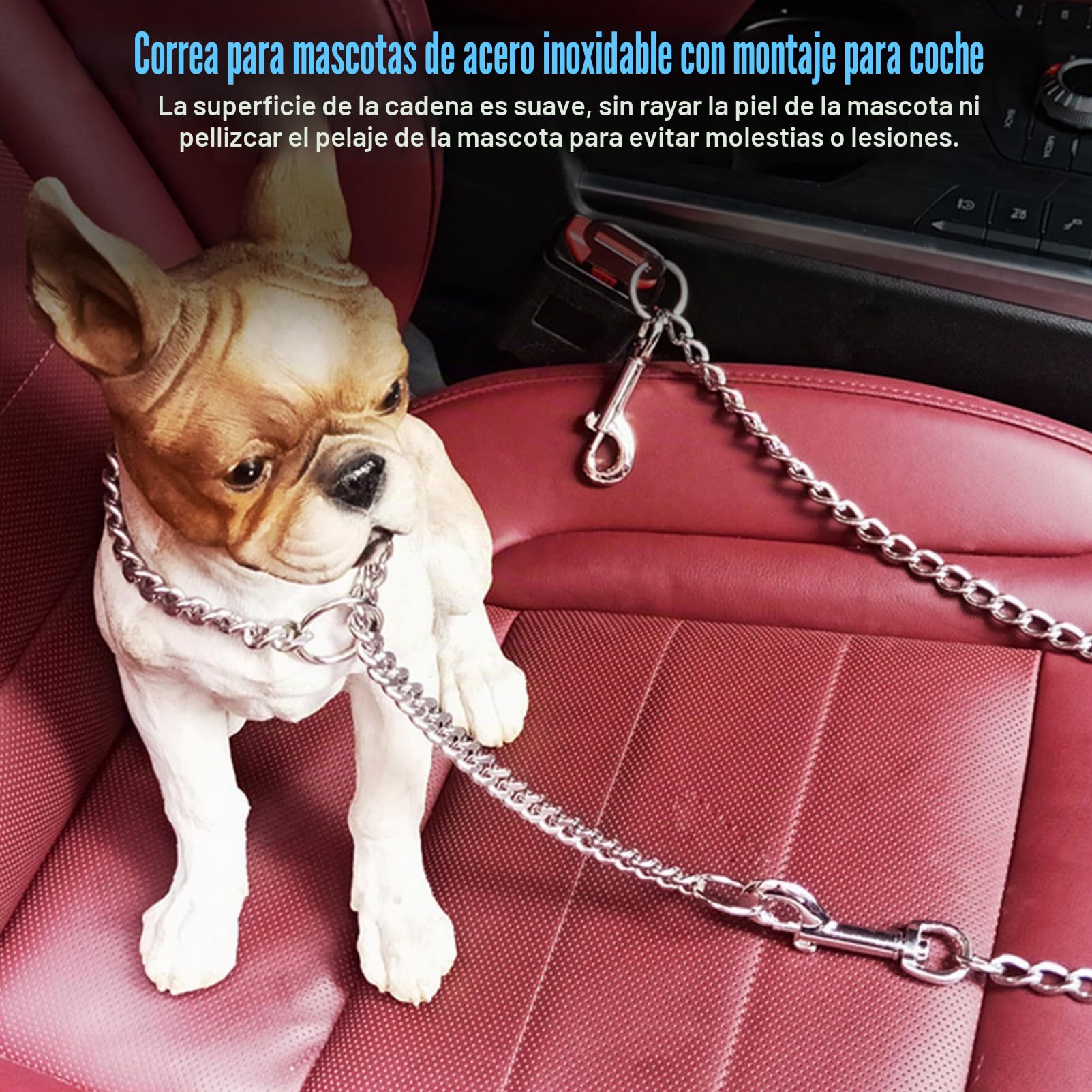 Collar de perro de acero inoxidable resistente a mordeduras: 80 cm, cinturón corto para asiento trasero de coche, correas de seguridad para perros pequeños, medianos y grandes