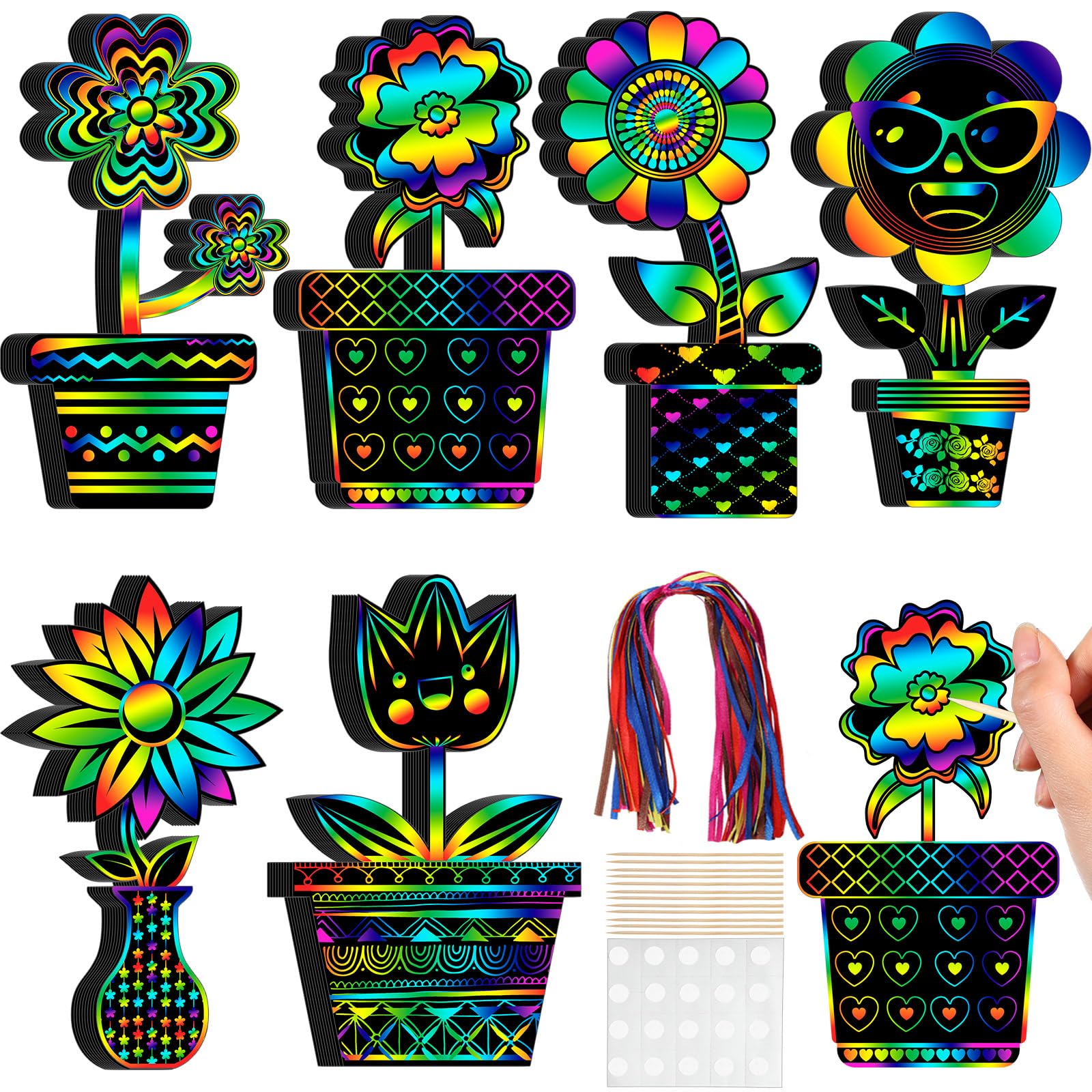 Hungdao 60 Pcs Flowers Scratch Cards Rainbow Summer Scratch Paper for Kids Crafts with Bamboo Stylus and Ribbon for Home Classroom School DIY Mother's Day Gifts (Floral)