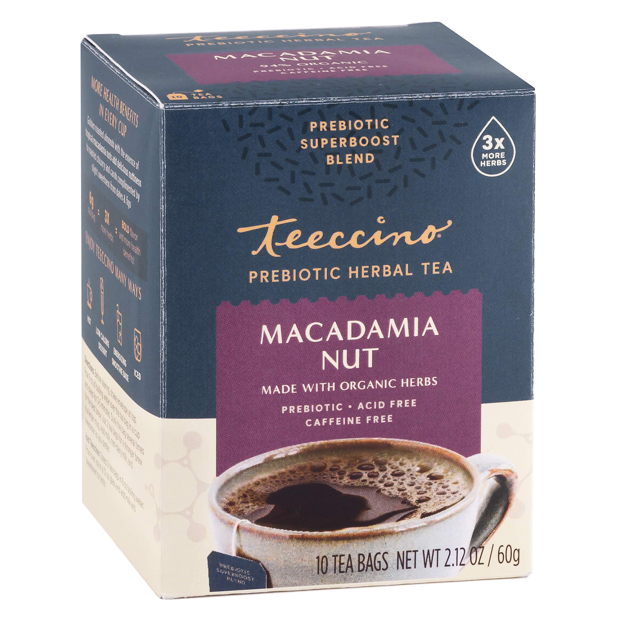 Teeccino Macadamia Nut - Prebiotic SuperBoost™ Herbal Tea - Support Your Probiotics with Vegan GOS & Organic XOS For Good Gut Health - Digestive Dessert Tea, 10 Tea Bags