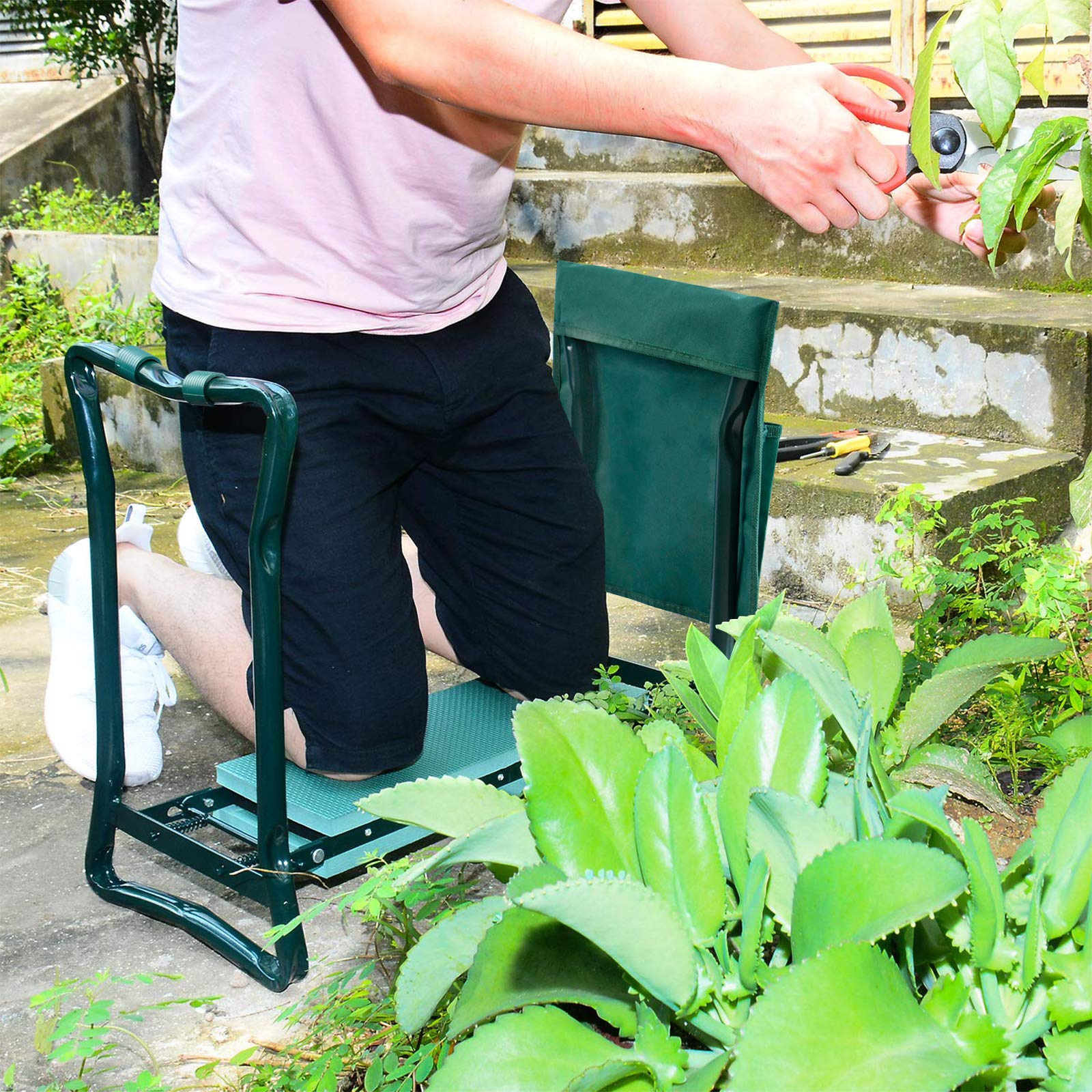 Repose-genoux 2 en 1 - Pour le jardinage - Pliable - Jusqu'à 150 kg - Avec protection des genoux - Coussin en mousse et sac à outils - Portable - Pour le jardinage - Vert