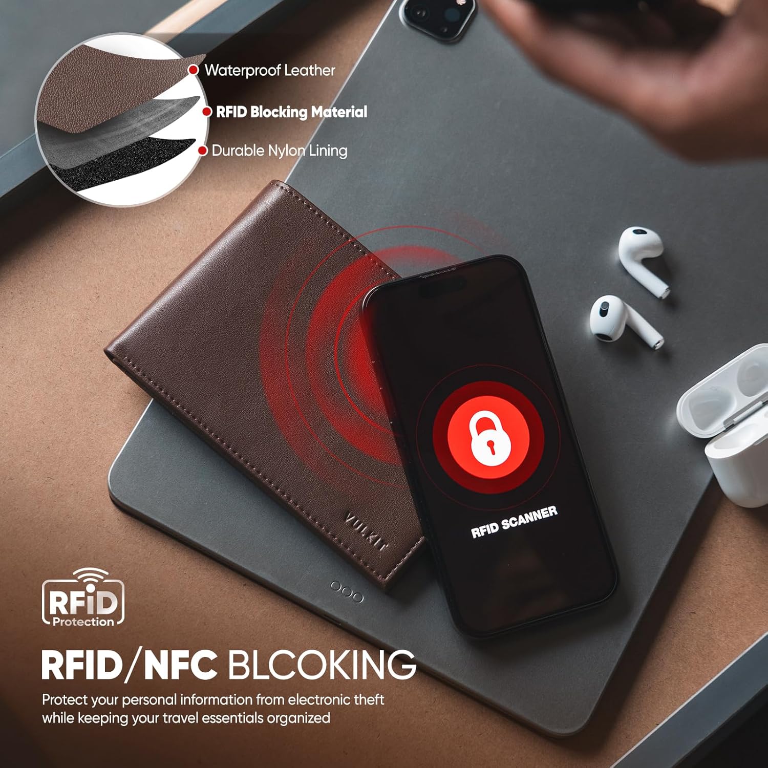 VULKIT Bilfold Passport Holder Leather RFID Blocking Passport Wallet with Hidden Pocket Slim Travel Documents Organizer for Men or Women (Passport, Card, Cash, Coin, SIM Card, Ticket)