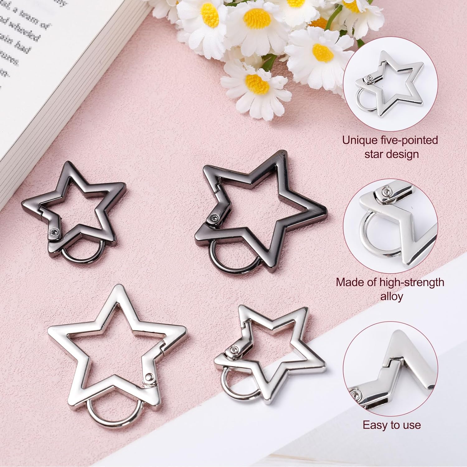 4pcs Star Carabiner, 1.61in & 1.26in Zinc Alloy Cool Cute Star Shaped Carabiner Clip Fashionable Pentagram Carabiner Keychain for Keys Ring Camping Outdoor Travel(Black, Silver) - Image 3