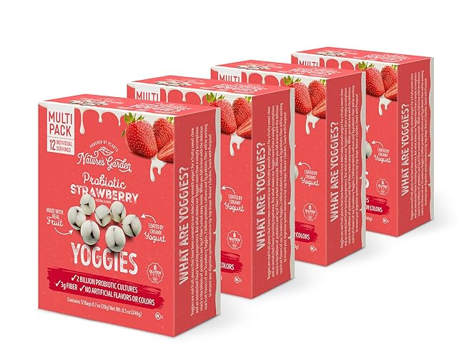 Nature's Garden Probiotic Strawberry Yoggies 12 x 0.7oz (Pack of 4) Yogurt-covered Fruit Snack in Carton, Yoggie Fruit Bites, High Fiber, Better-For-You Snacks Variety Pack For Adults, Gluten Free, Non GMO, No Artificial Flavors or Colors - Strawberry