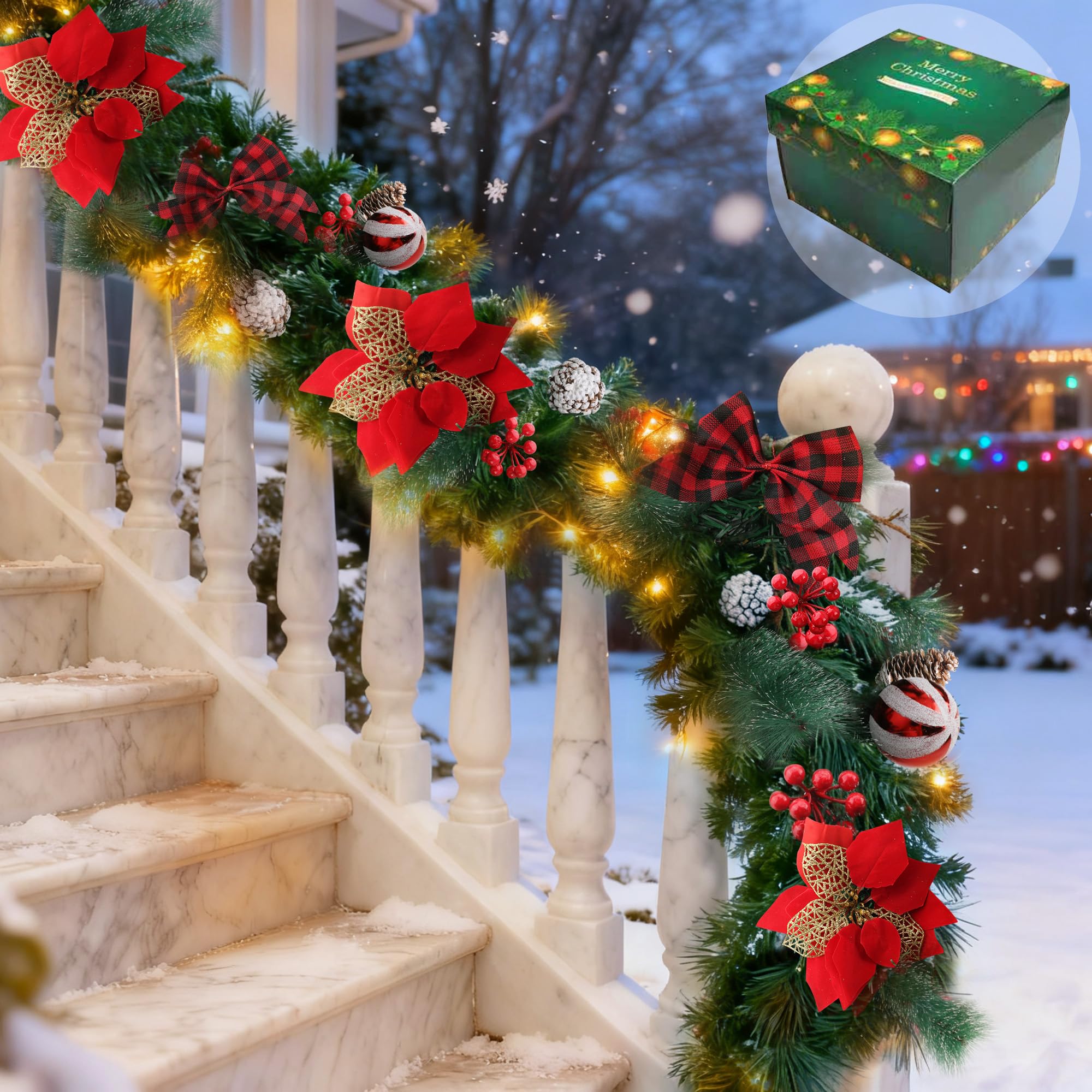 Guirnalda de Navidad de 9 pies con 100 Luces Que Funciona con Pilas, Guirnalda Artificial preiluminada con Bolas Rojas, Conos de Pino, Ramas de Cedro, para Decoraciones de Navidad al Aire Libre,