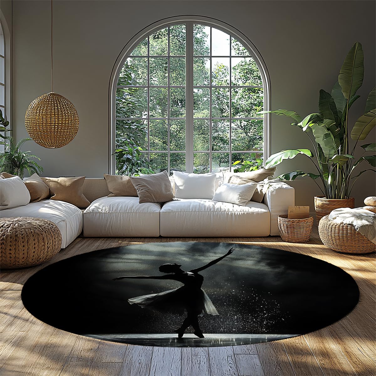 Tapis Rond de Style Noir et Blanc 100cm Danse Fille Motif Lavable à Poils Ras antidérapant Mince Cercle Tapis pour Armoire Maison Couloir Salle de Jeux