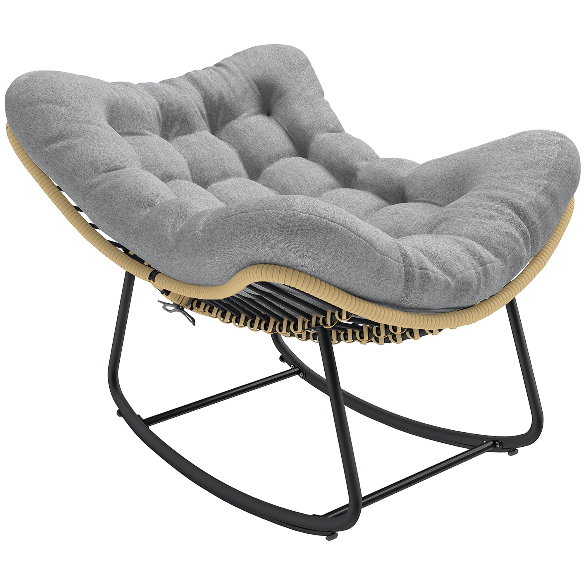 Outsunny Fauteuil à Bascule de Jardin pour Intérieur et Extérieur, Rocking Chair en Résine Tressée avec Coussin Moelleux, Fauteuil Œuf pour Terrasse, Balcon, Chambre, 110 x 87 x 70 cm, Gris