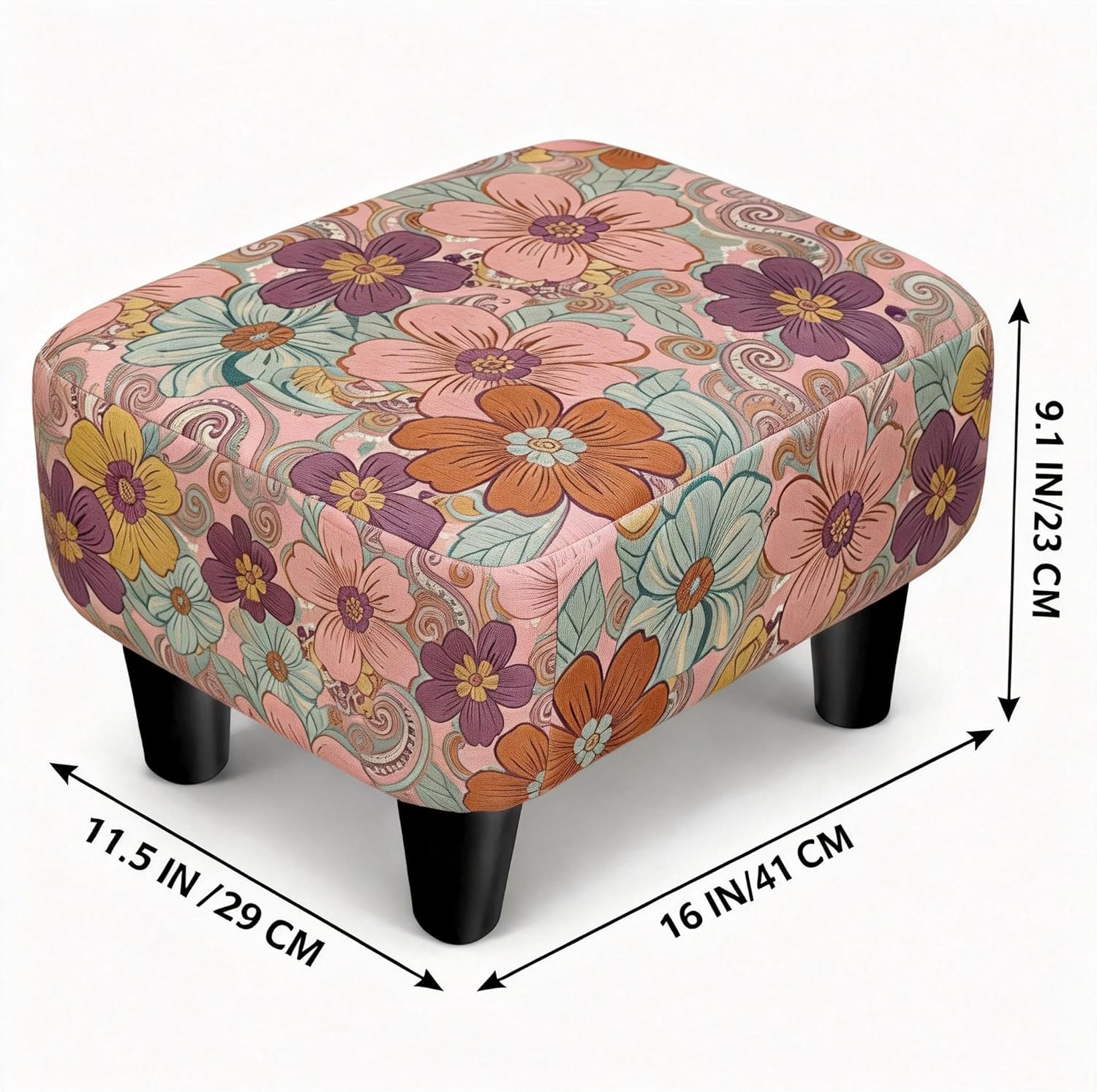 Printed Linen Ottoman Style Foot Rest Small Square Footstool with Removable Legs Funky Colorful for Living Room Entryway Shoe Changing, Unique Accent Ottoman Chair Foot Stool
