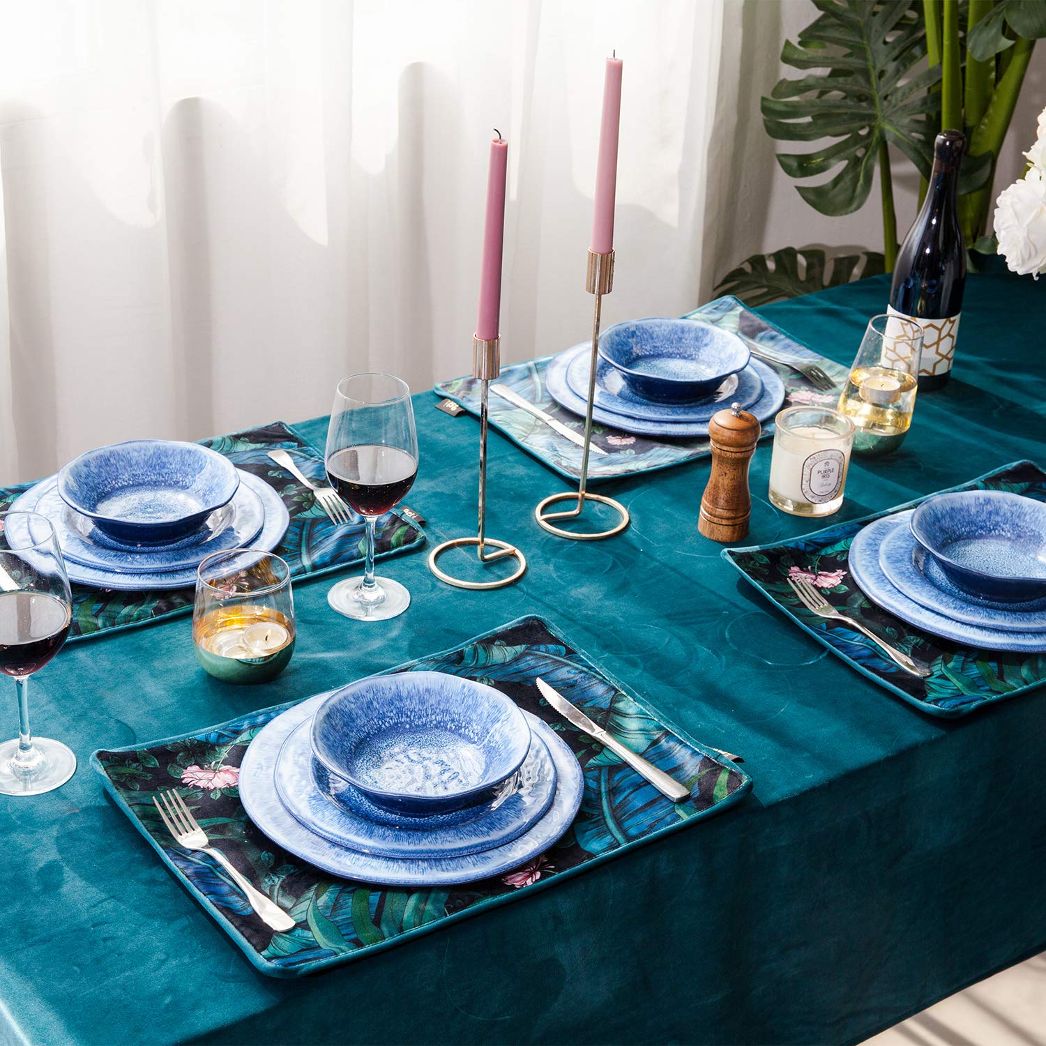 Topmela 12 Pcs Blue Melamine Dinnerware Set, Shatterproof and