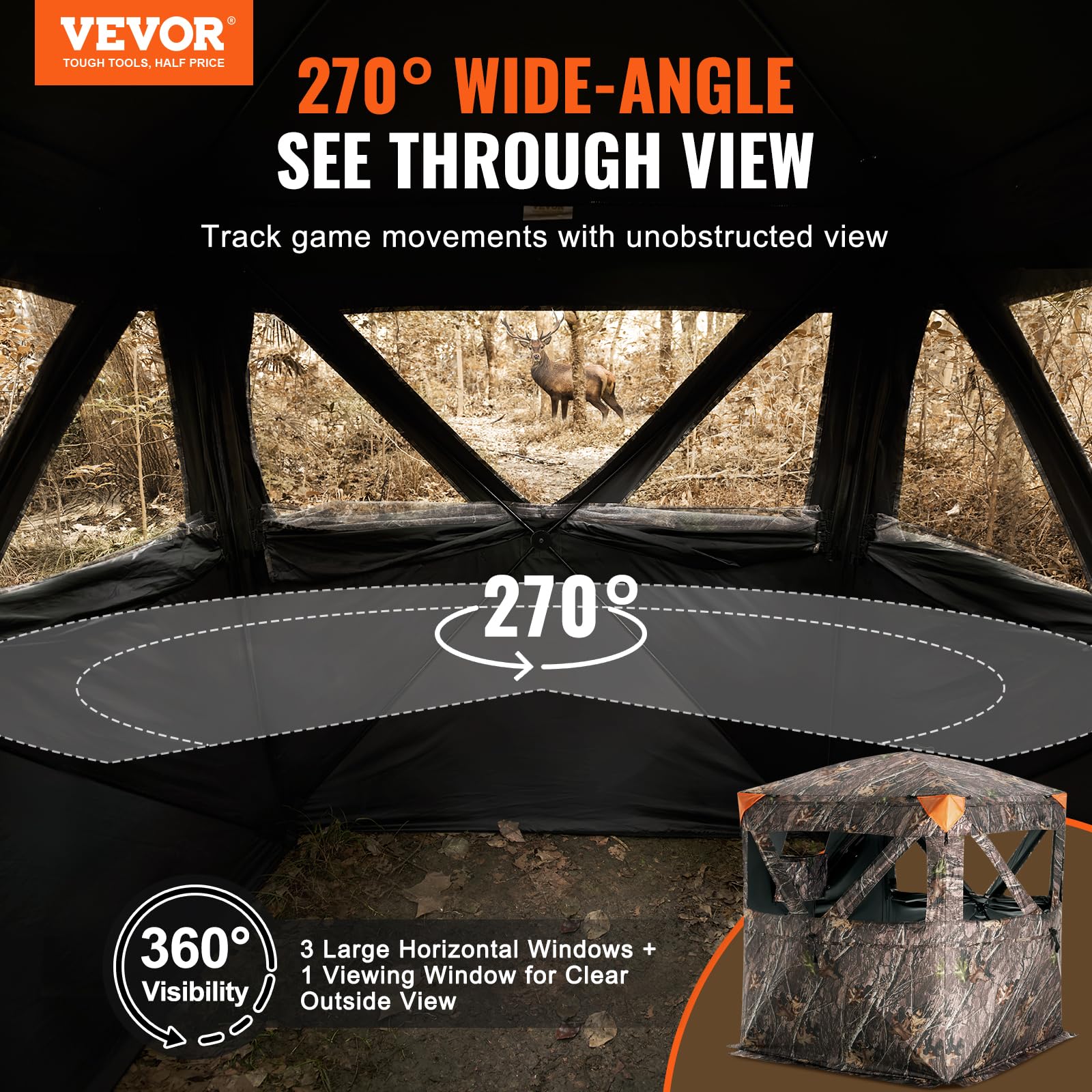VEVOR Tienda de Caza Portátil Visión de 270° Puesto de Caza Plegable para 1 o 2 Personas con Bolsa de Transporte Tienda de Camuflaje Resistente con 3 Ventanas Horizontales, 1410 x 1410 x 1700 mm