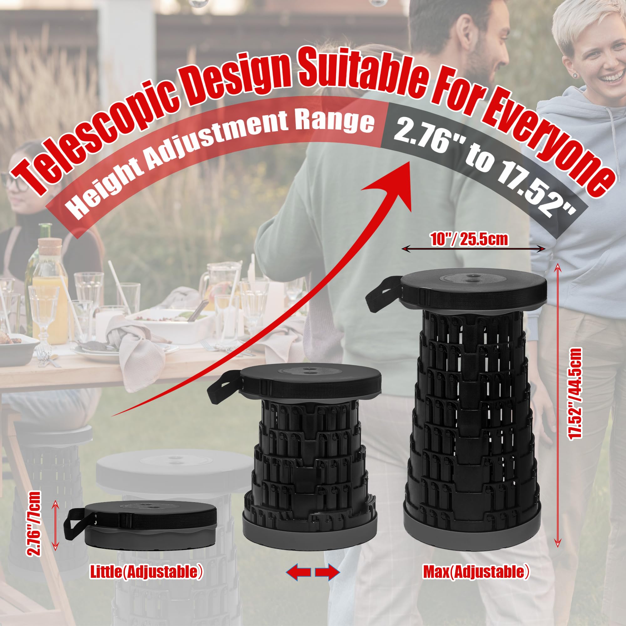 AttoShow 2025 2PCS Upgraded Collapsible Stool Thickened Set, Portable Stool Folding Stools, Foldable Chair for Camping Fishing Hiking BBQ and Outdoor Activities - Max 500lbs (Black)