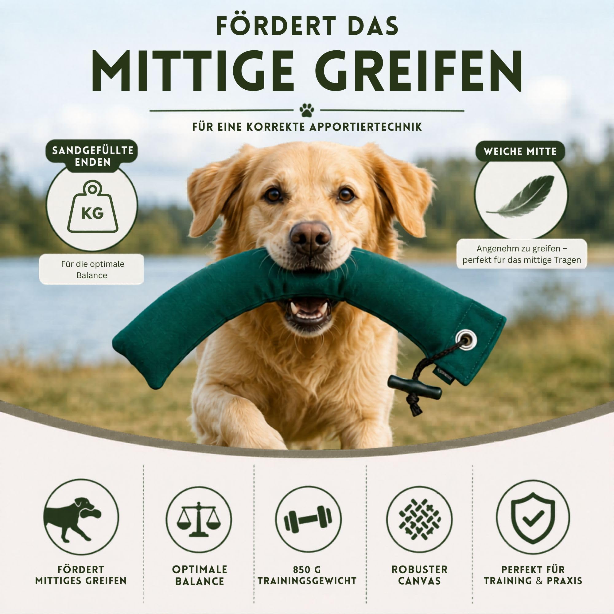 Romneys Game Dummy XL 850 g – School Dummy für Hunde, Apportierdummy aus Canvas, 45 cm Trainingsdummy für mittiges Greifen, Balance & korrektes Apportieren, Dummytraining, Grün