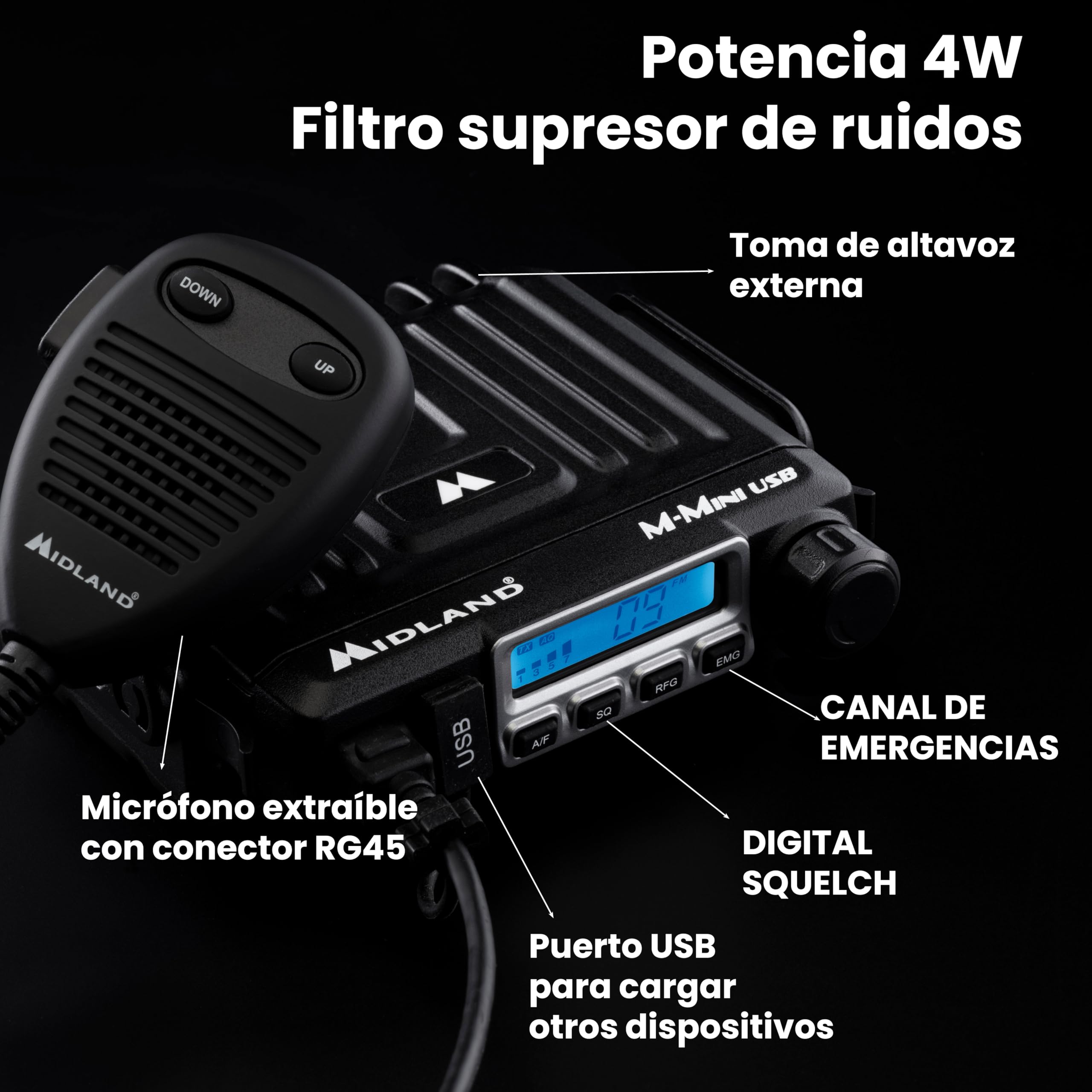 Midland M-MINI Radio USB y CB Mini con 40 canales, Toma USB y Alimentación de Mechero - 1 Micrófono, Cable de Alimentación, Soporte de Montaje