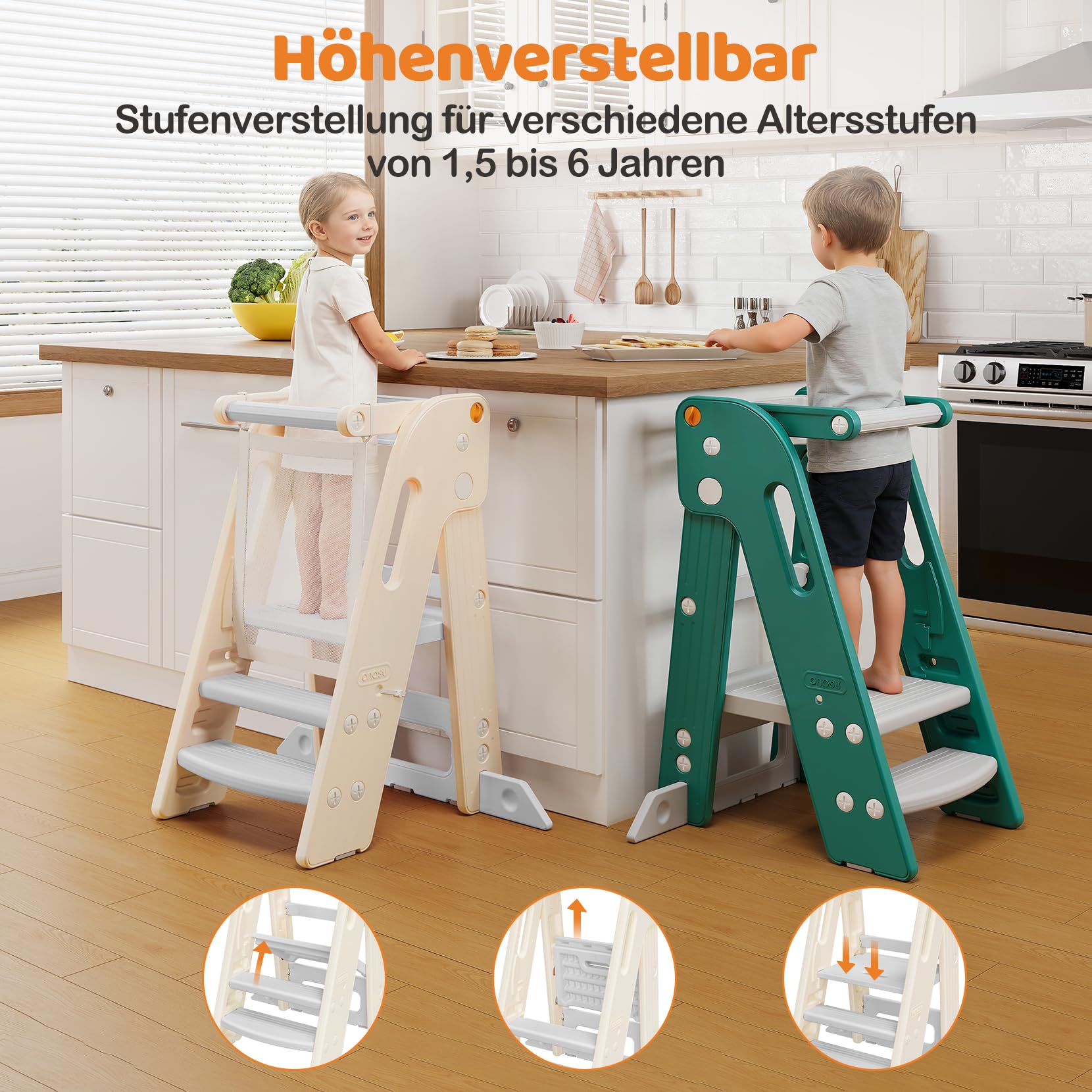 Lernturm für Kinder mit Sicherheitsgeländer, Lernturm Klappbar, Höhenverstellbar, Learning Tower mit Kippschutz & Anti-Rutsch-Trittfläche, für Küche, Badezimmer und Waschbecken (Creme-weiß)
