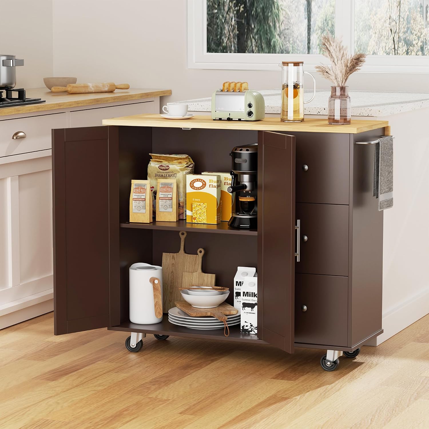 JY QAQA 40" Kitchen Island Cart Furniture cart on Wheels Rolling Portable Dining Room Serving Utility Carts Mobile Movable with Drawers Cabinet,Brown