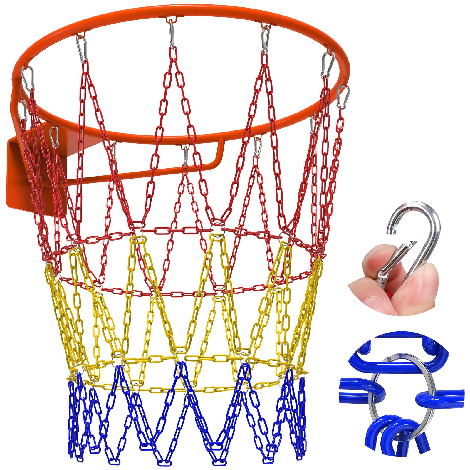 Kipika Heavy-Duty Basketball Hoop Net, Rust-Resistant Carbon Steel Chain Net to Fit Standard 46cm Hoops, 12-Loop Design for Indoor and Outdoor Use (A-Red/Yellow/Blue)