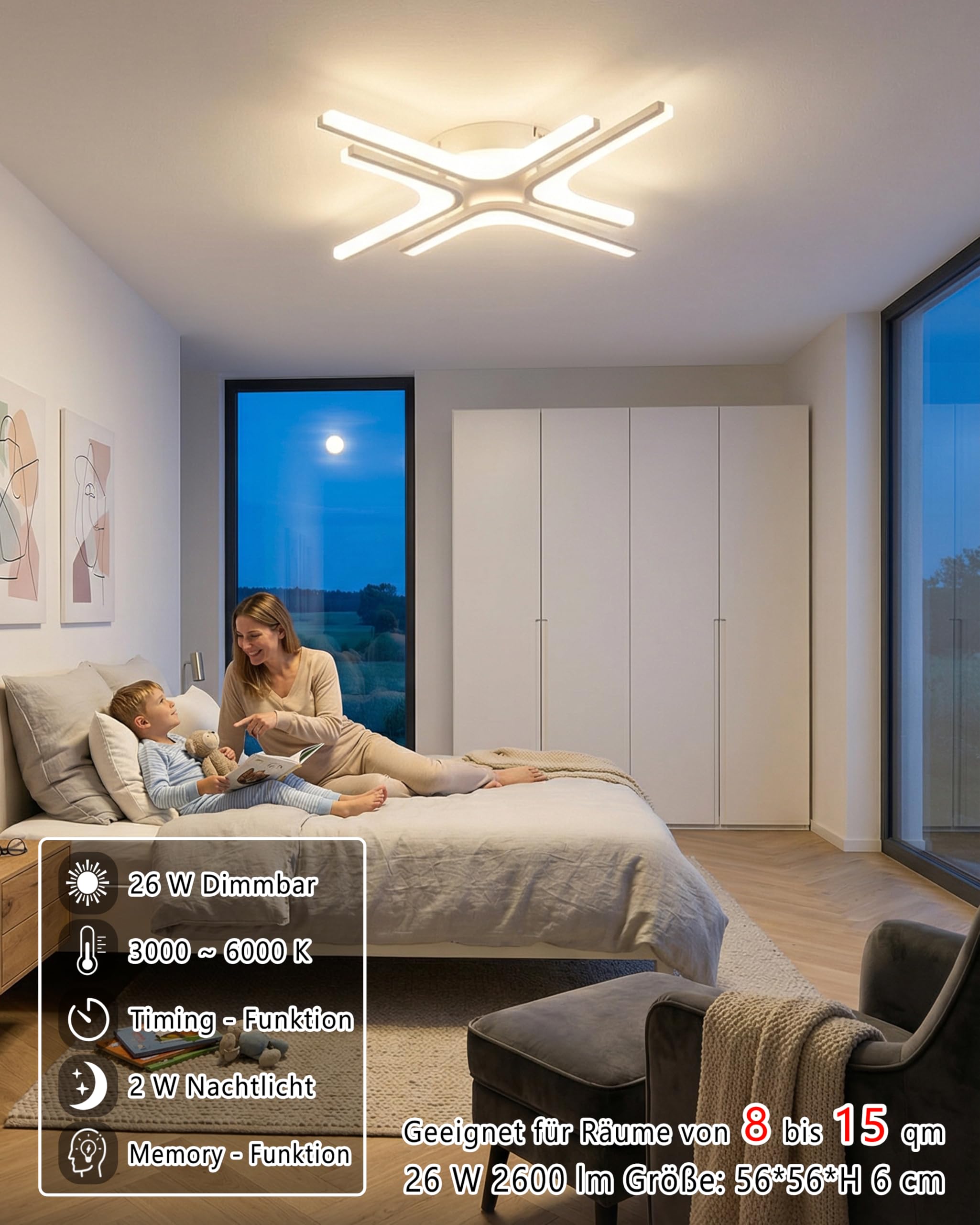 LED Deckenleuchte Dimmbar weiß Stern, 56cm 26W Farbtemperatur 3000-6000K, Helligkeit 10-100%, Mit Fernbedienung/Mobile APP, Für Schlafzimmer, Küche, Balkon, Flur, Mit Memory-Funktion, 2W Nachtlicht
