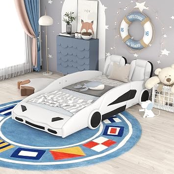 Wood Twin Size Race Car-Shaped Design Platform Bed with Wheels for Boys & Girls Bedroom White, Twin
