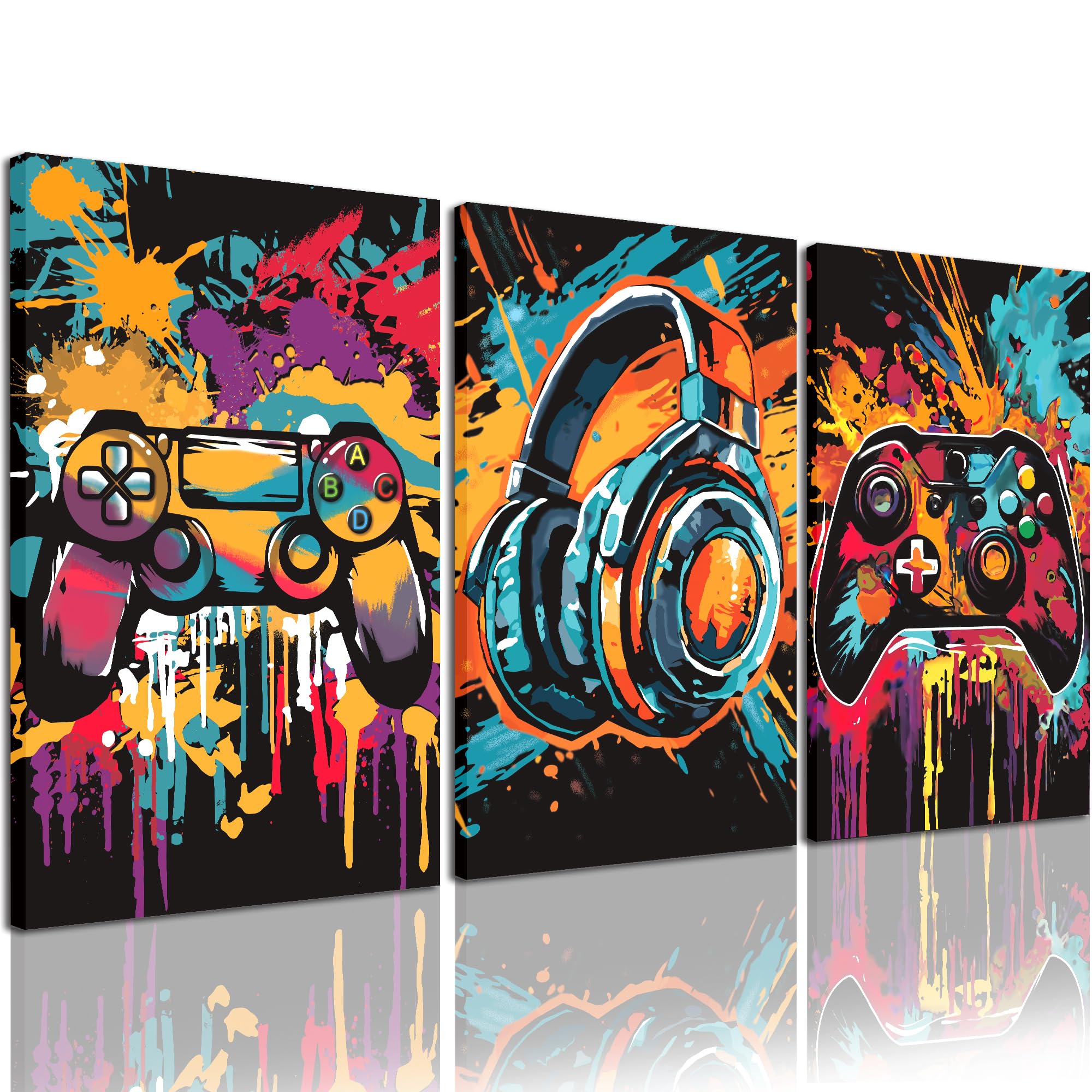 PHOPAGO Framed Cool Gaming Wall Art Retro Video Game Watercolor Graffiti Pictures Neon Gamepad Video Gamer Room Decor for Teenage Boys Gamer Room Decoration 12X16inx3pcs