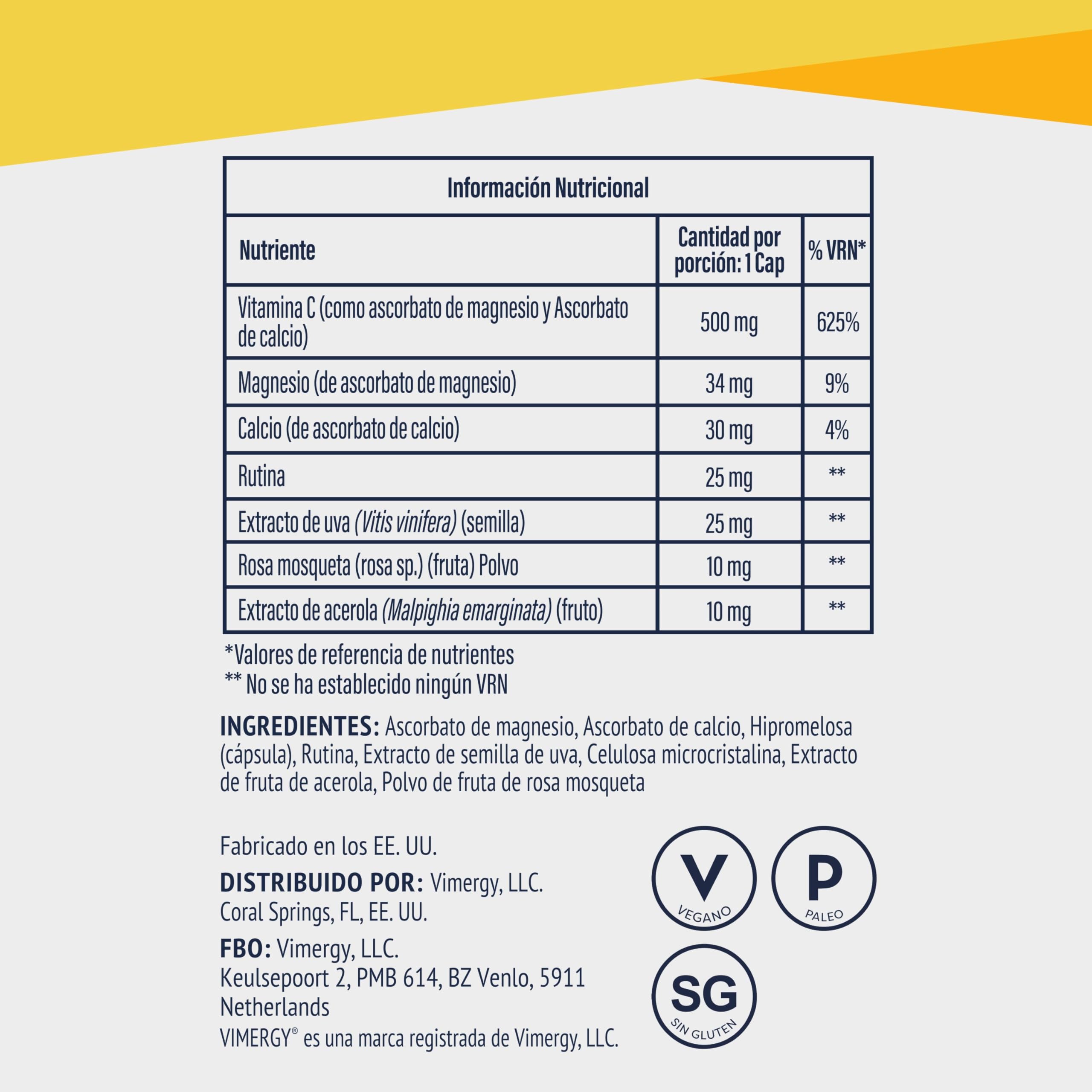 Vimergy Micro-C Vitamina C Cápsulas – 180 Unidades – Vitamina C 500mg en Forma Menos Ácida – Escaramujo - Sin Gluten - Kosher - Vegano